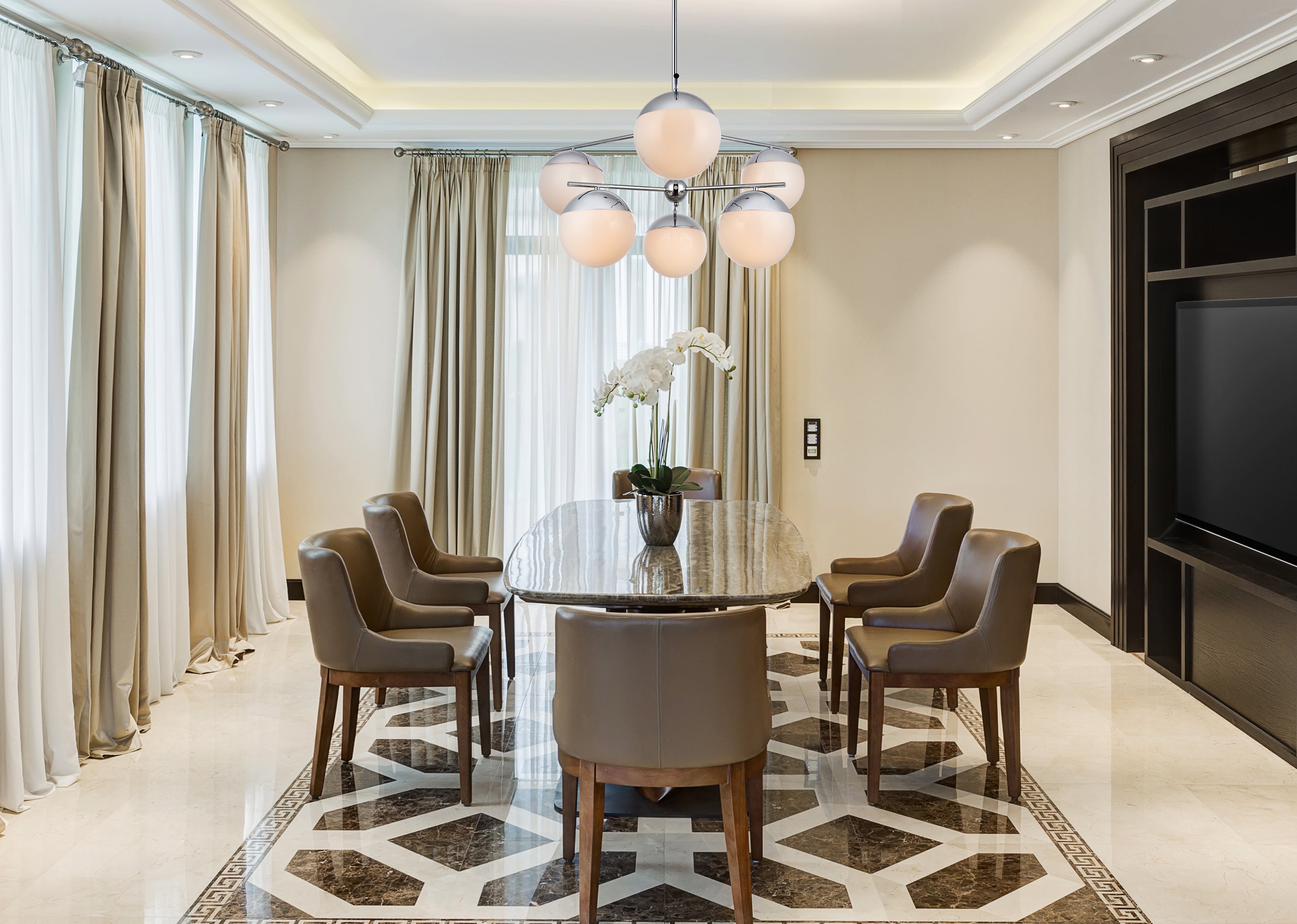 Elegant Lighting Eclipse 6-Light Pendant - Chrome, Frosted White Glass, Model LD6142C