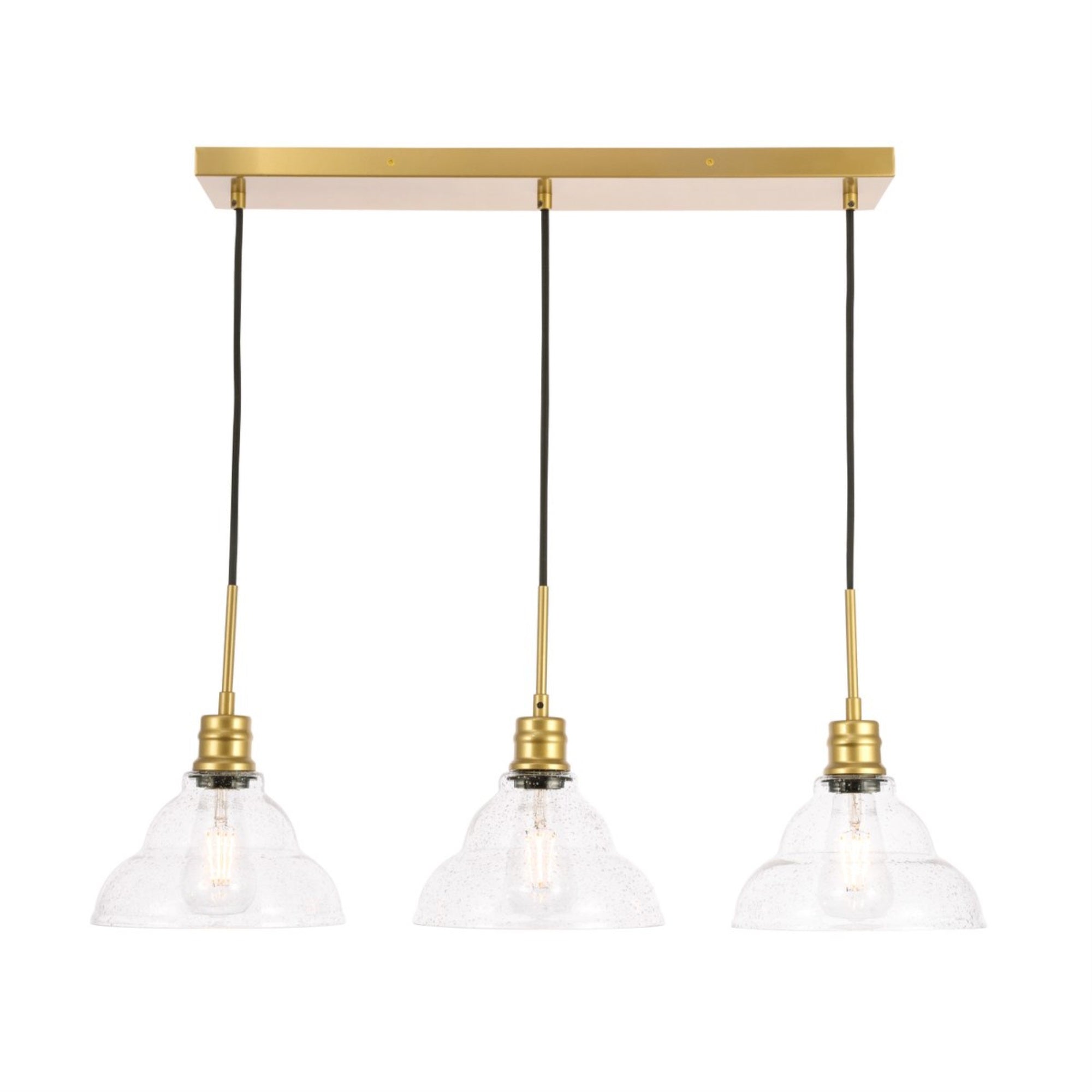 Living District Clive Pendant Light, 3-Light, Metal, Brass Finish, Clear Seeded Glass, Model LD6224BR