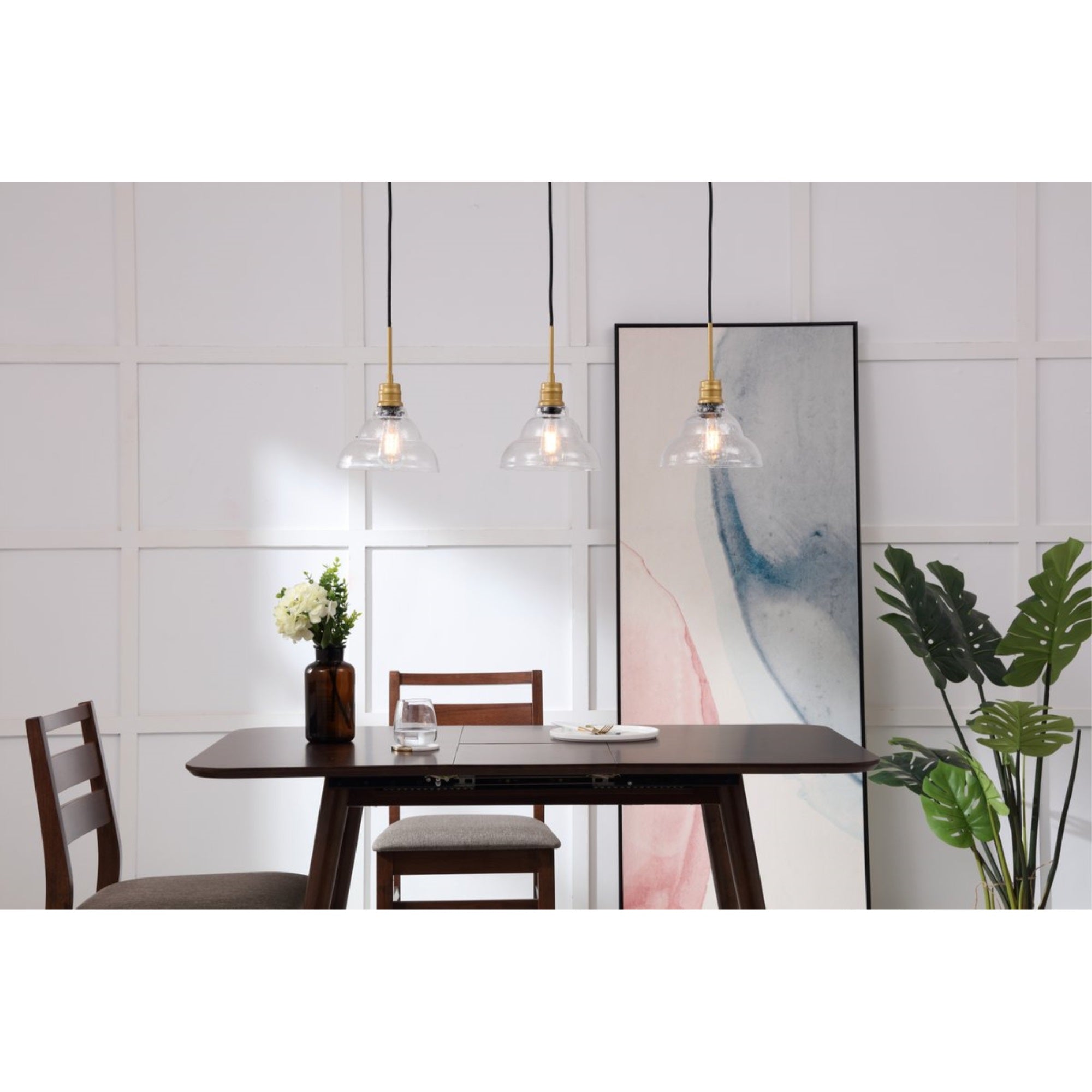 Living District Clive Pendant Light, 3-Light, Metal, Brass Finish, Clear Seeded Glass, Model LD6224BR
