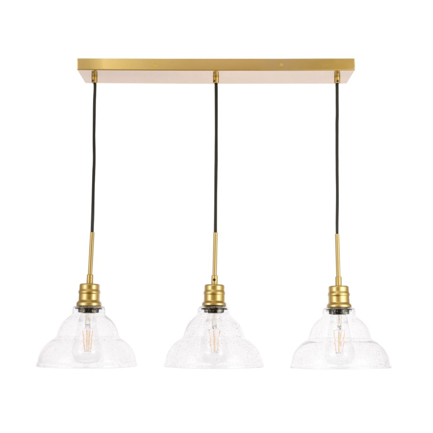 Living District Clive Pendant Light, 3-Light, Metal, Brass Finish, Clear Seeded Glass, Model LD6224BR