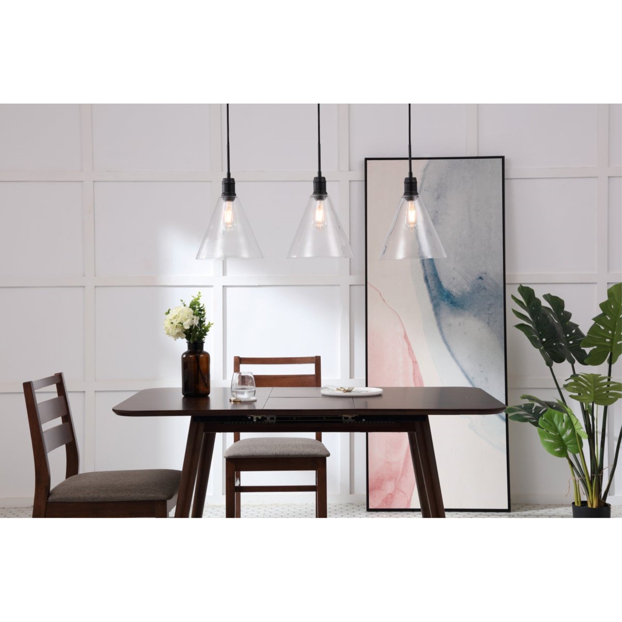 Hugh 3 light Black and Clear glass pendant
