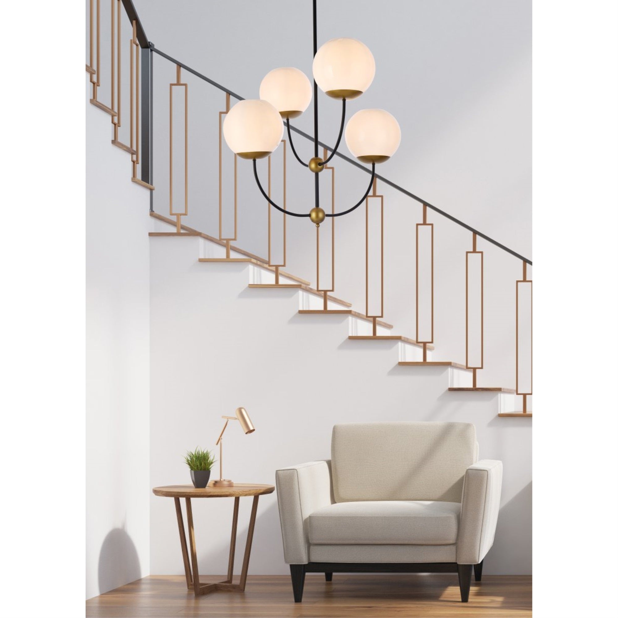 Living District Lennon 4-Light Pendant, Metal, Black & Brass, White Shade, Model LD653D30BRK