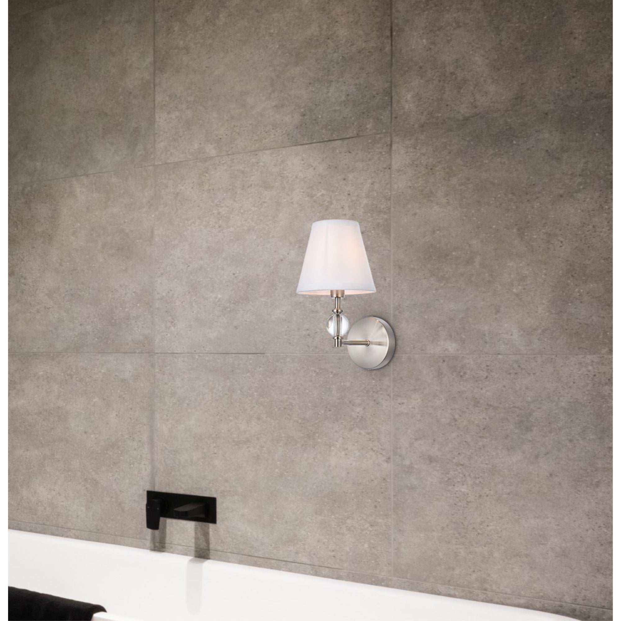Bethany 1 light bath sconce in satin nickel with white fabric shade