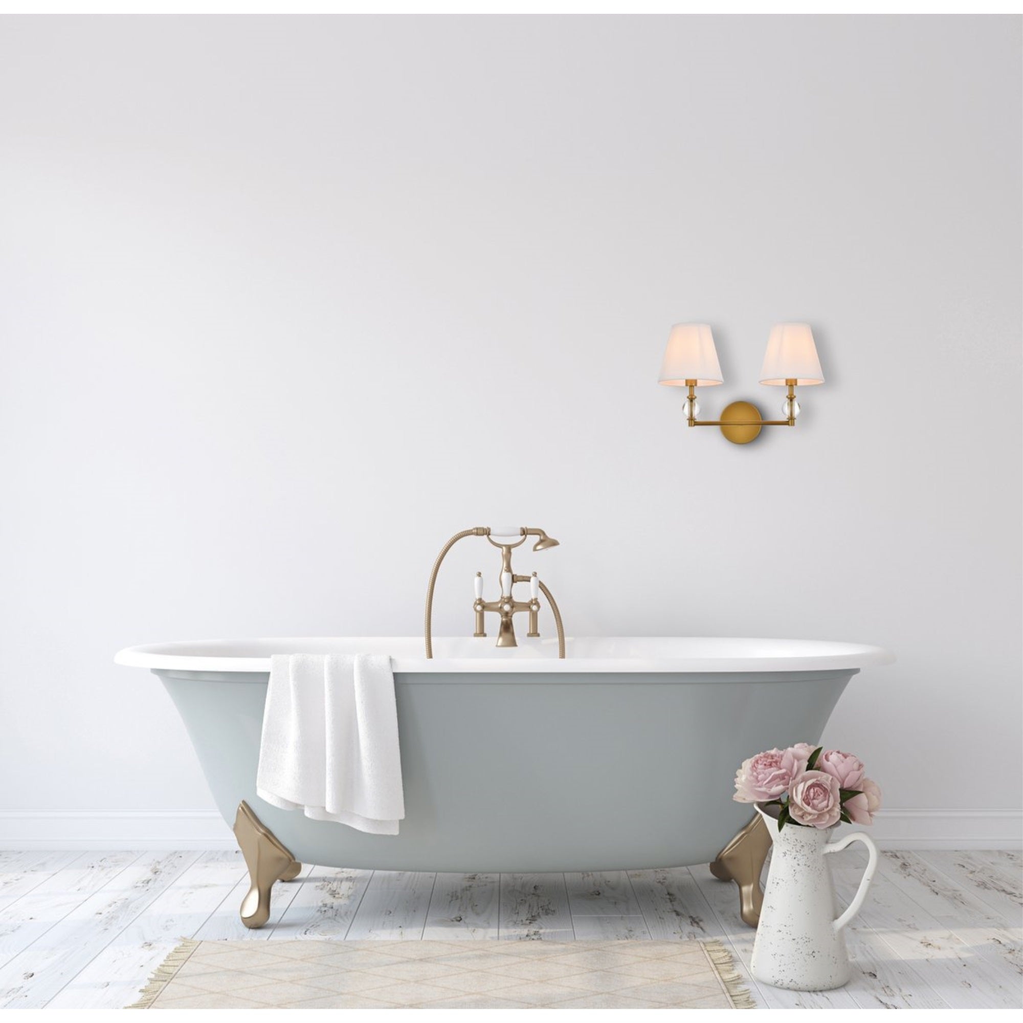Elegant Lighting Bath Sconce - Living District Bethany - 2 Lights - Brass - White Fabric Shade - Model LD7022W15BR