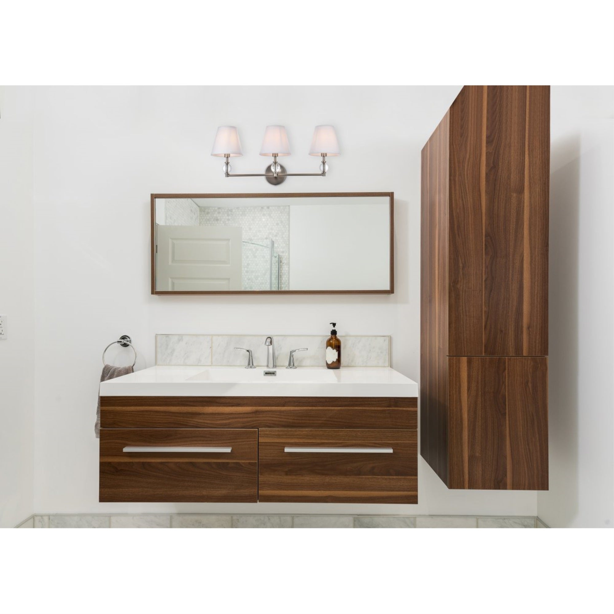 Bethany 3 lights bath sconce in satin nickel with white fabric shade