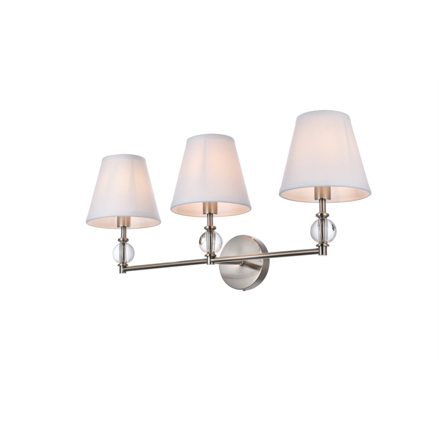 Bethany 3 lights bath sconce in satin nickel with white fabric shade