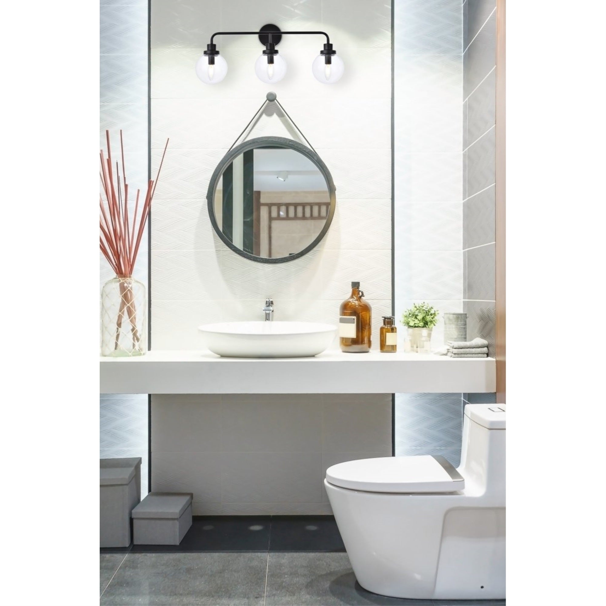Living District 3-Light Metal Bath Sconce, Black and Clear, Model LD7035W28BK