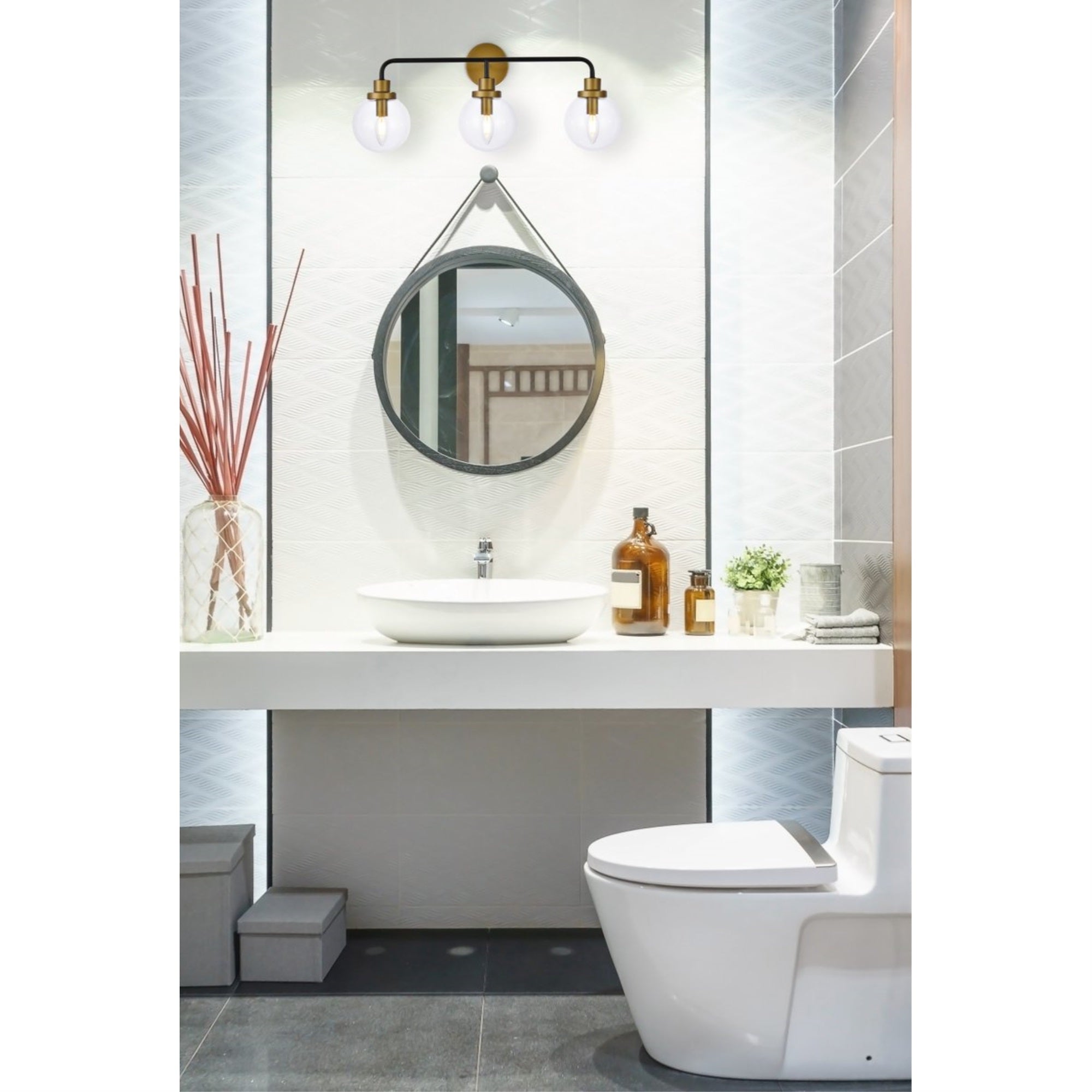 Living District 3-Light Metal Bath Sconce, Black/Brass, Clear Shade, Model LD7035W28BRB