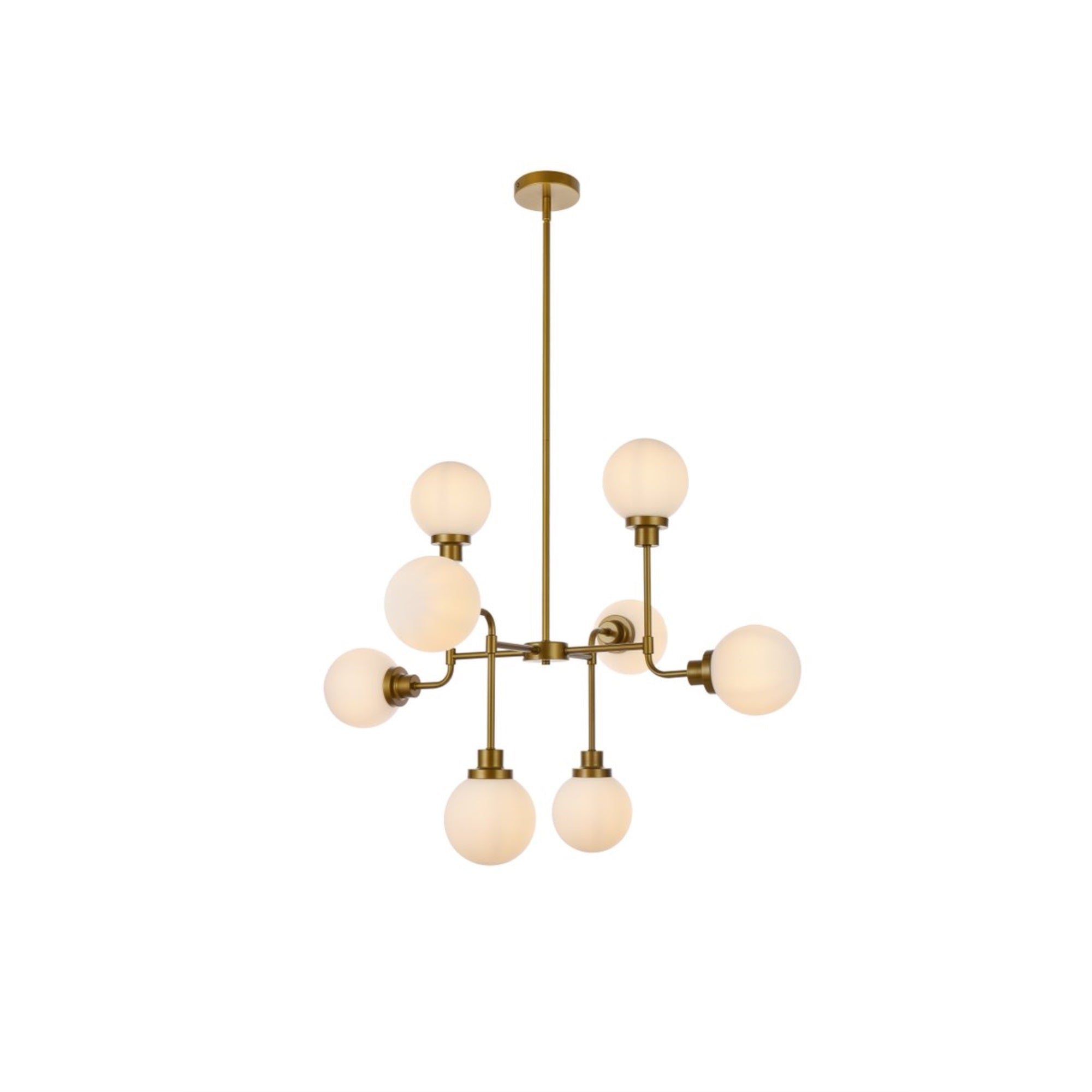 Living District 8-Light Metal Pendant, Brass Finish, Model LD7038D36BR, Frosted Glass, Industrial Design