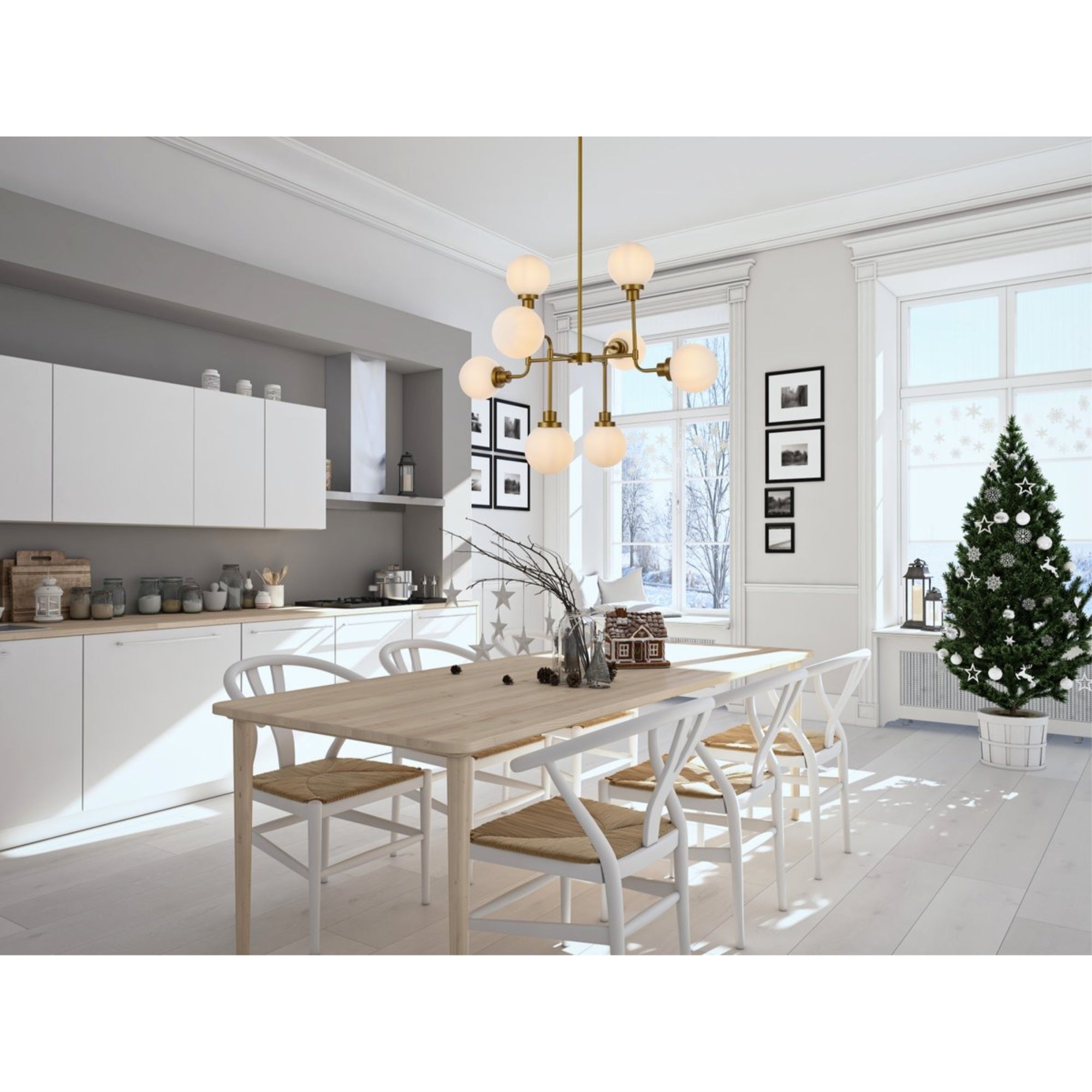 Living District 8-Light Metal Pendant, Brass Finish, Model LD7038D36BR, Frosted Glass, Industrial Design