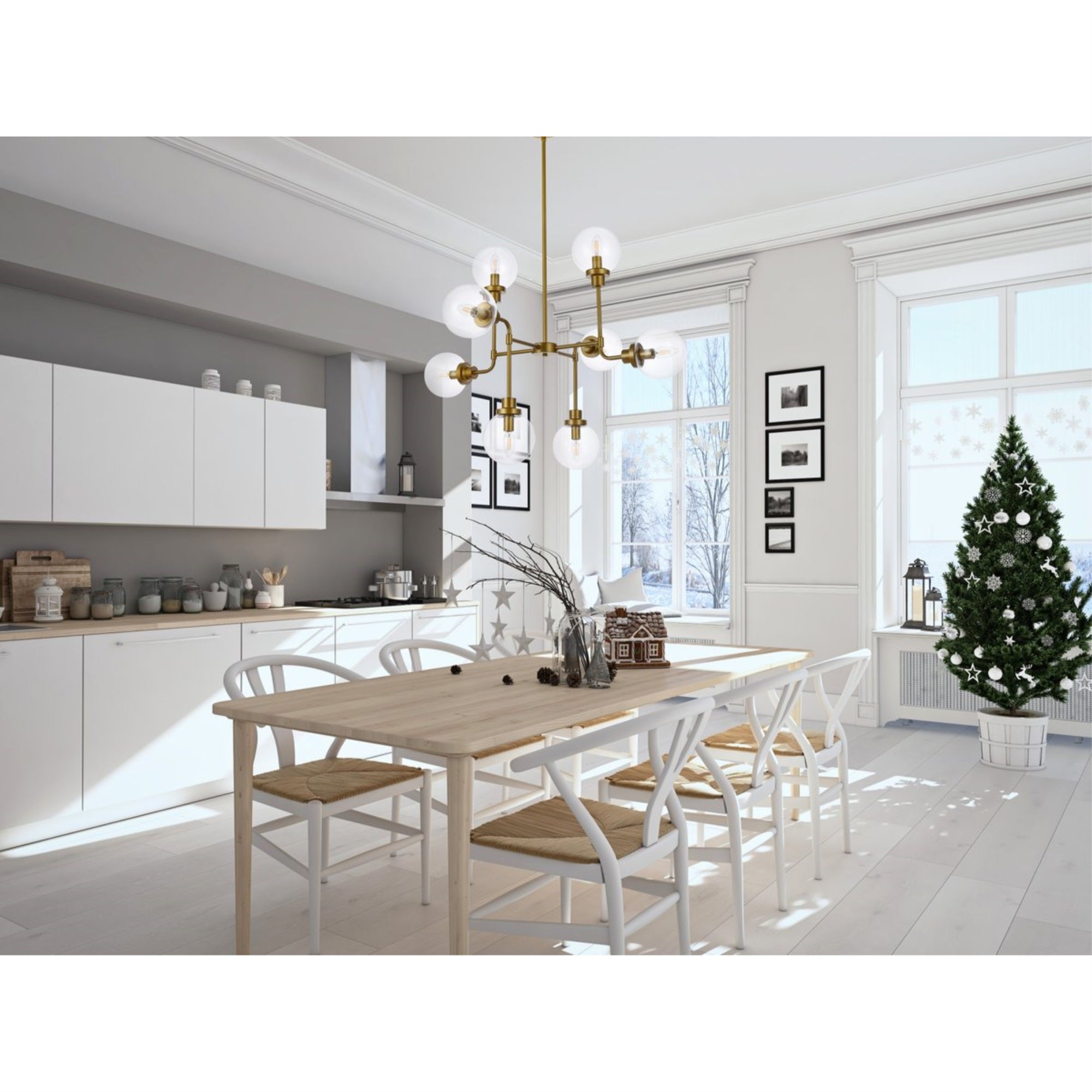 Living District Pendant Light, 8 Lights, Brass & Clear Shade, 36inW x 28.3inH, Model LD7039D36BR