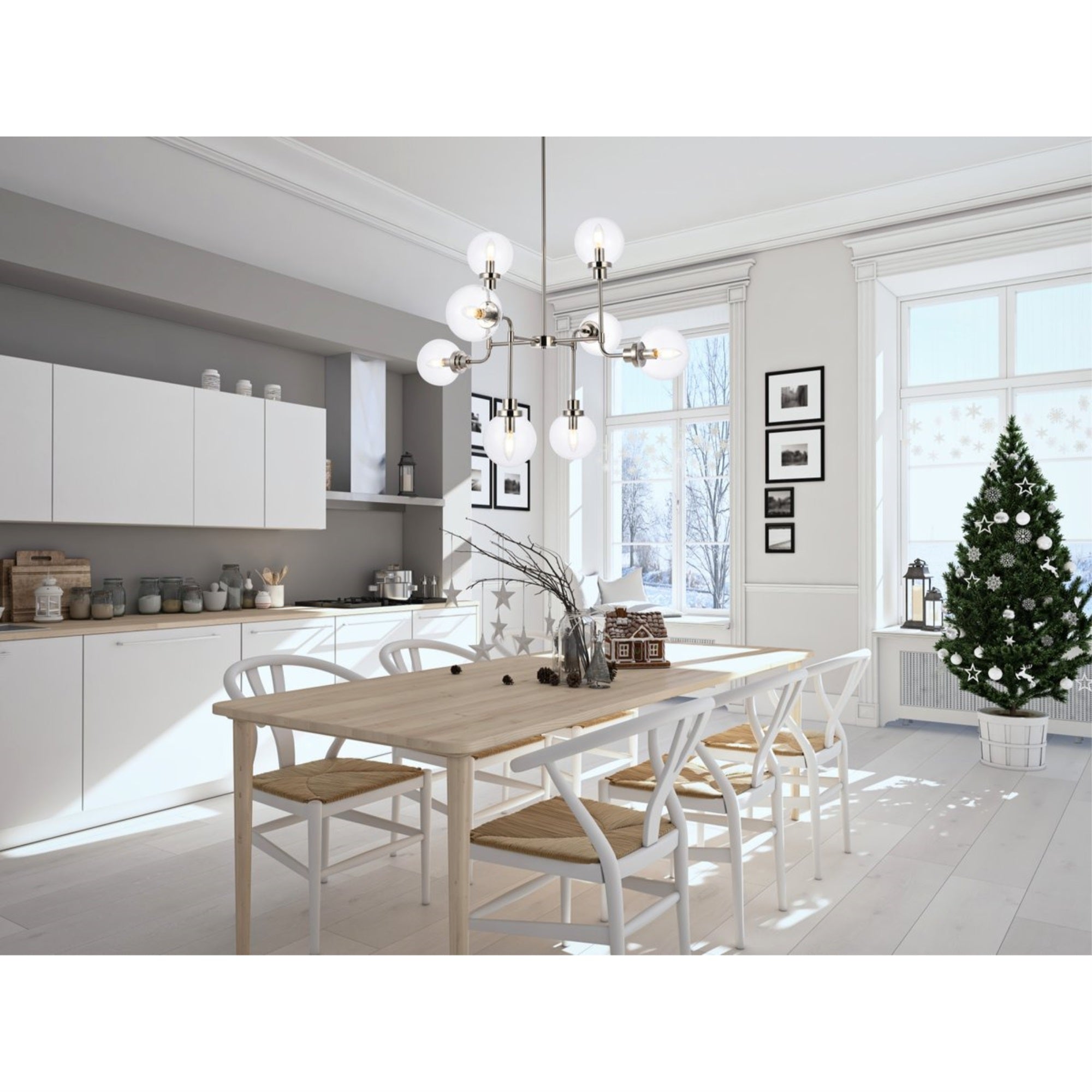 Living District 8-Light Pendant Ceiling Light, Polished Nickel, Clear Shade, 36inW x 28.3inH, Model LD7039D36PN