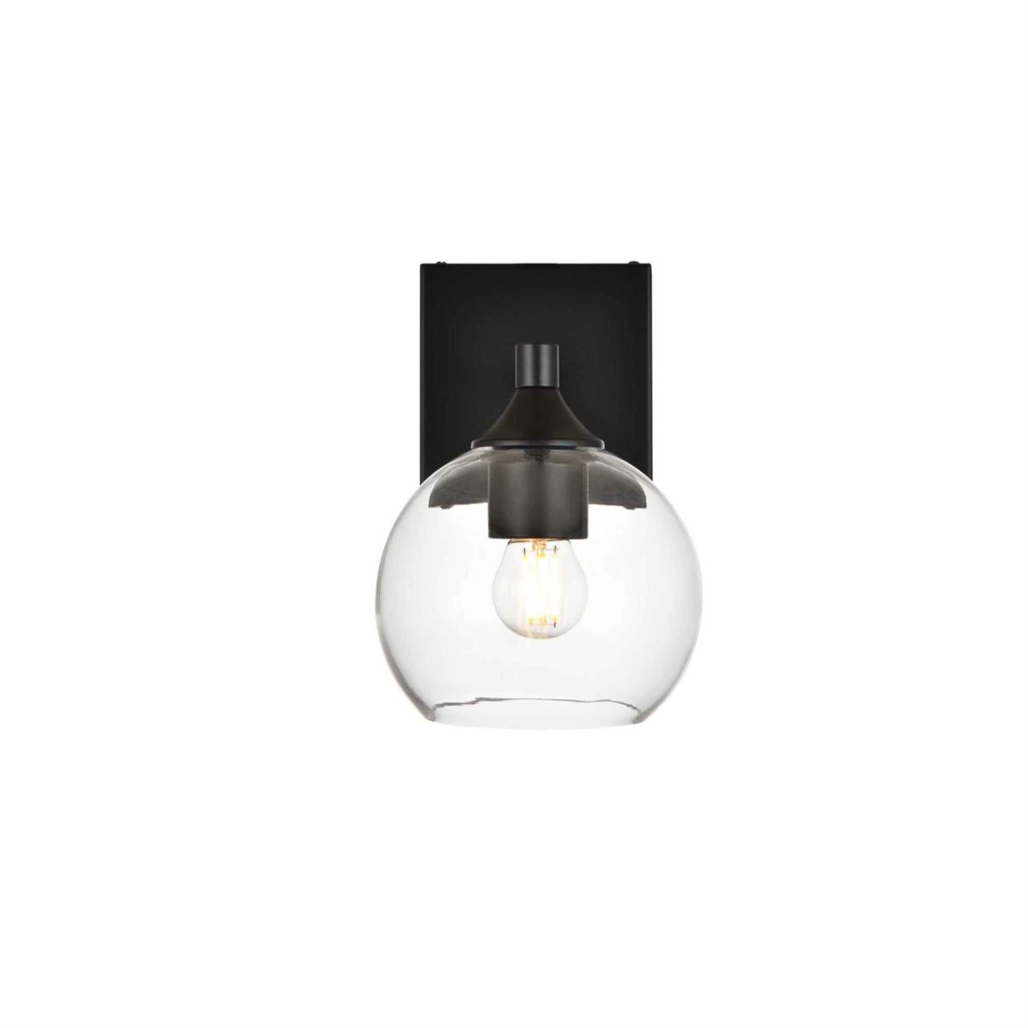 Living District 1-Light Bath Sconce, Iron & Glass, Model LD7308W6BLK, Black/Clear Finish