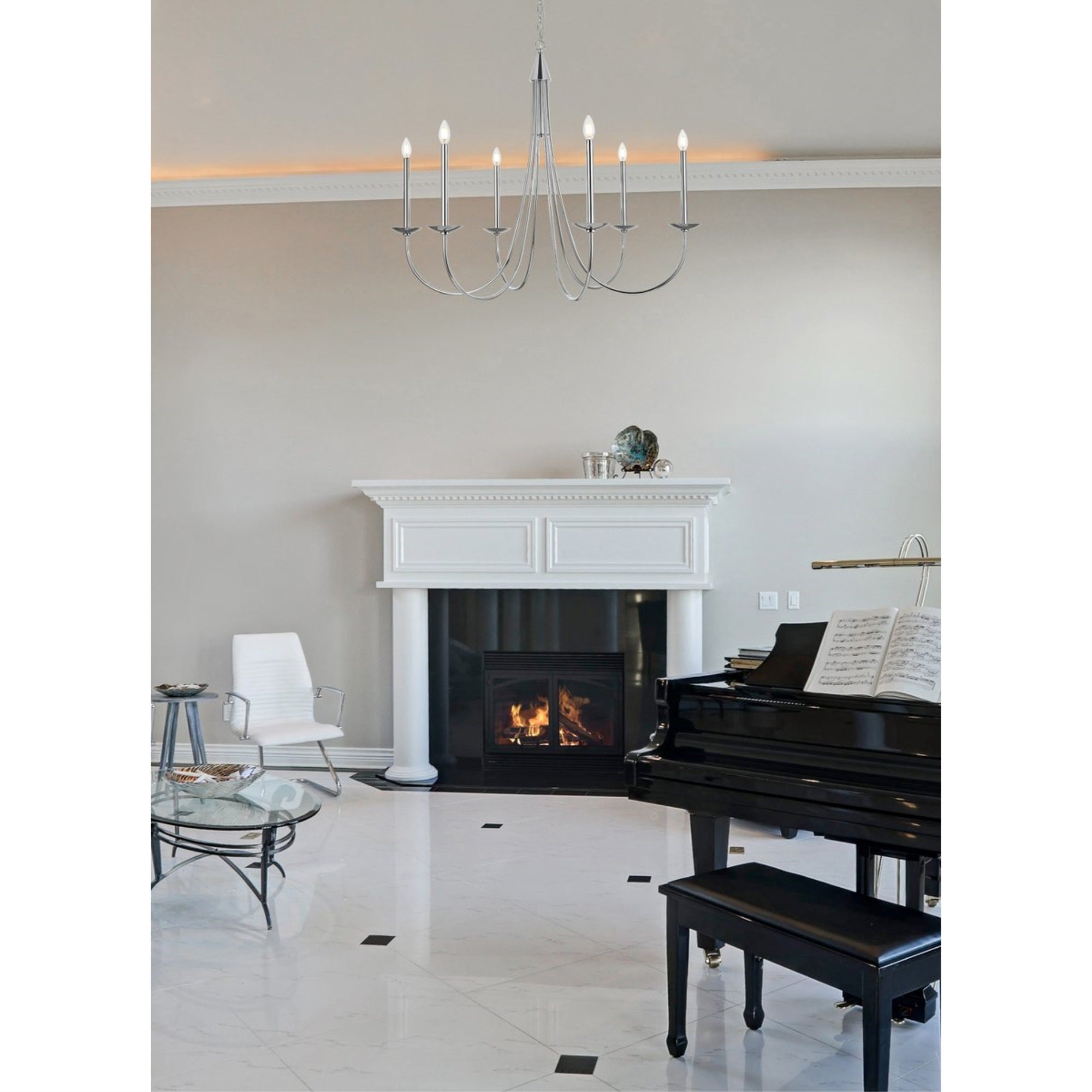 Living District 42in 6-Light Mid-Century Metal Chandelier, Chrome Finish, Iron Material, Multi-colored, Model LD810D42C