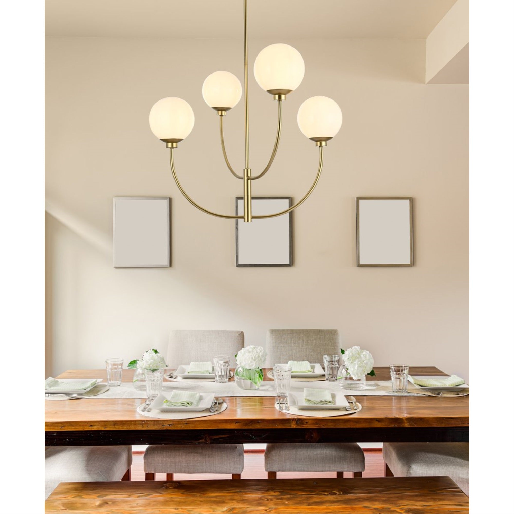 Living District 30in 4-Light Chandelier, Metal/Glass, Brass/White, Model LD814D30BR