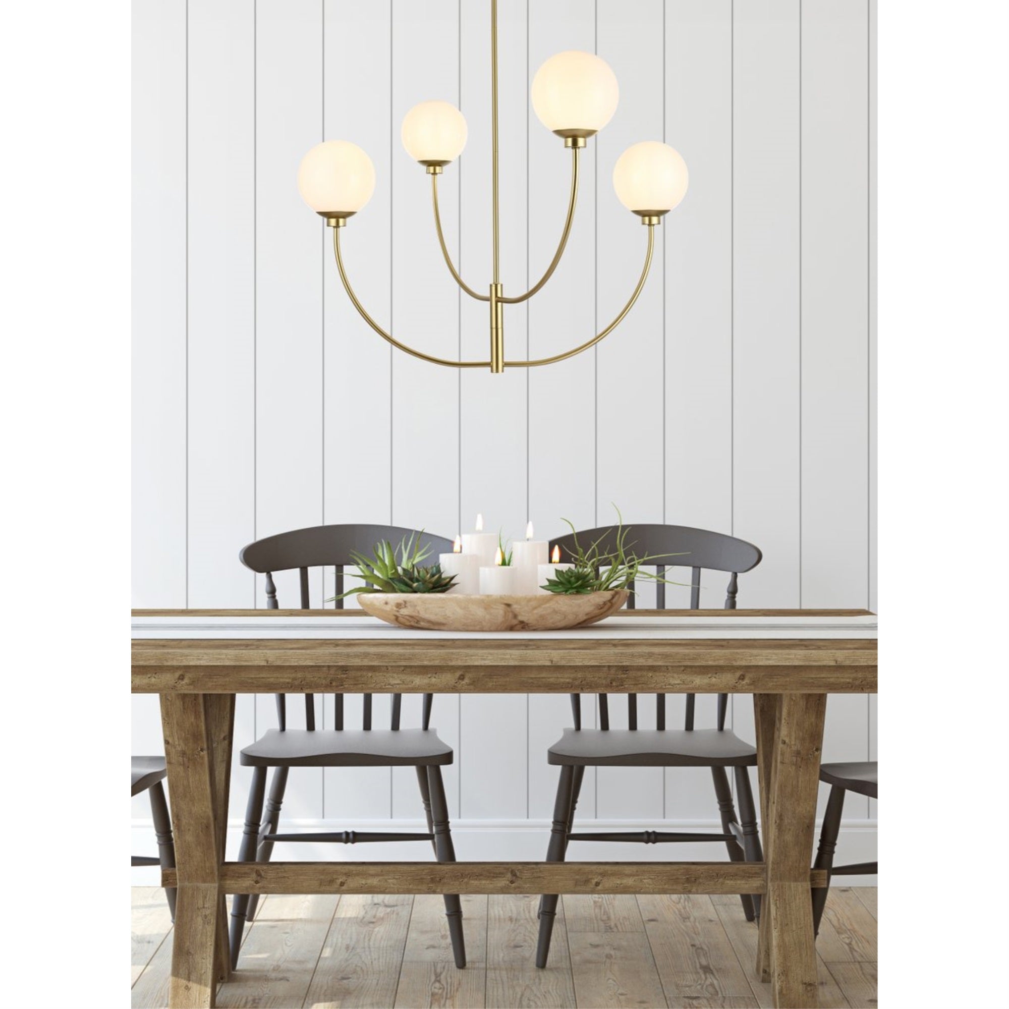 Living District 36in 4-Light Chandelier, Metal/Glass, Brass/White, Model LD814D36BR