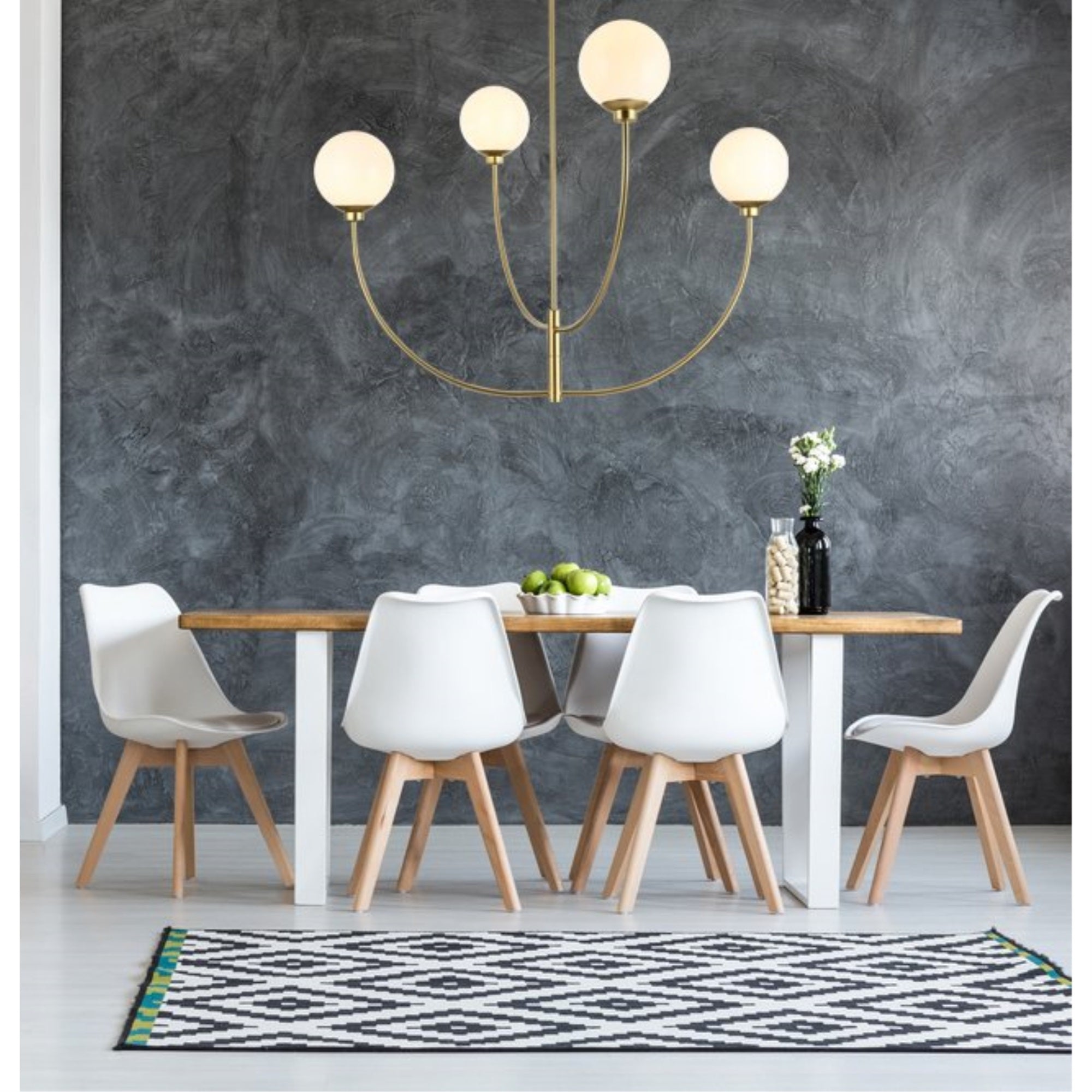 Living District 42&quot; Brass/White Metal & Glass 4-Light Chandelier - Elegant Lighting Fixture