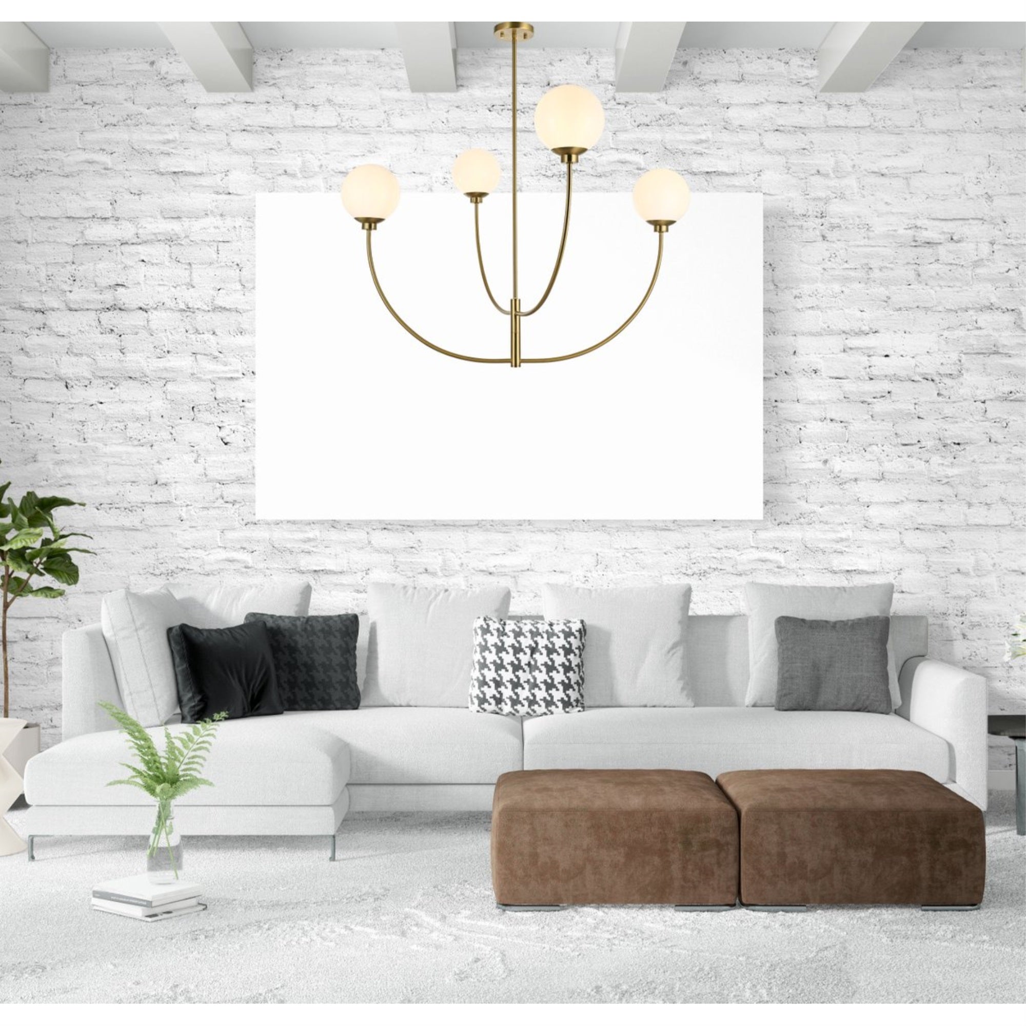 Living District 42in 4-Light Chandelier, Metal/Glass, Satin Gold, Model LD814D42SG