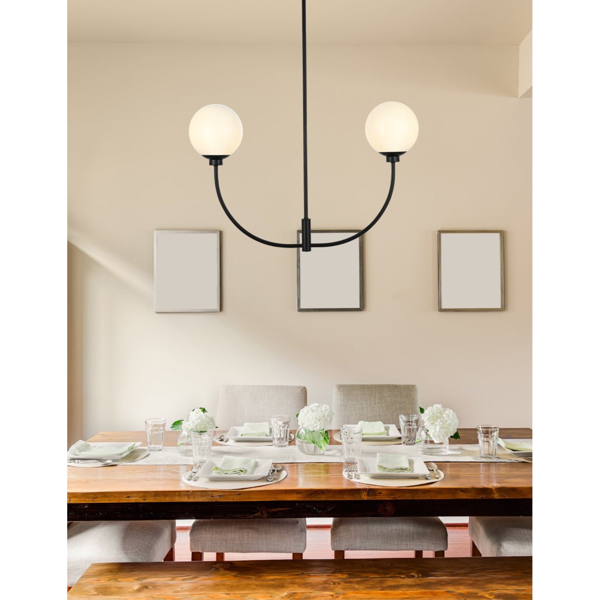 Living District 19in 2-Light Chandelier, Metal/Glass, Black/White, Model LD816D30BK
