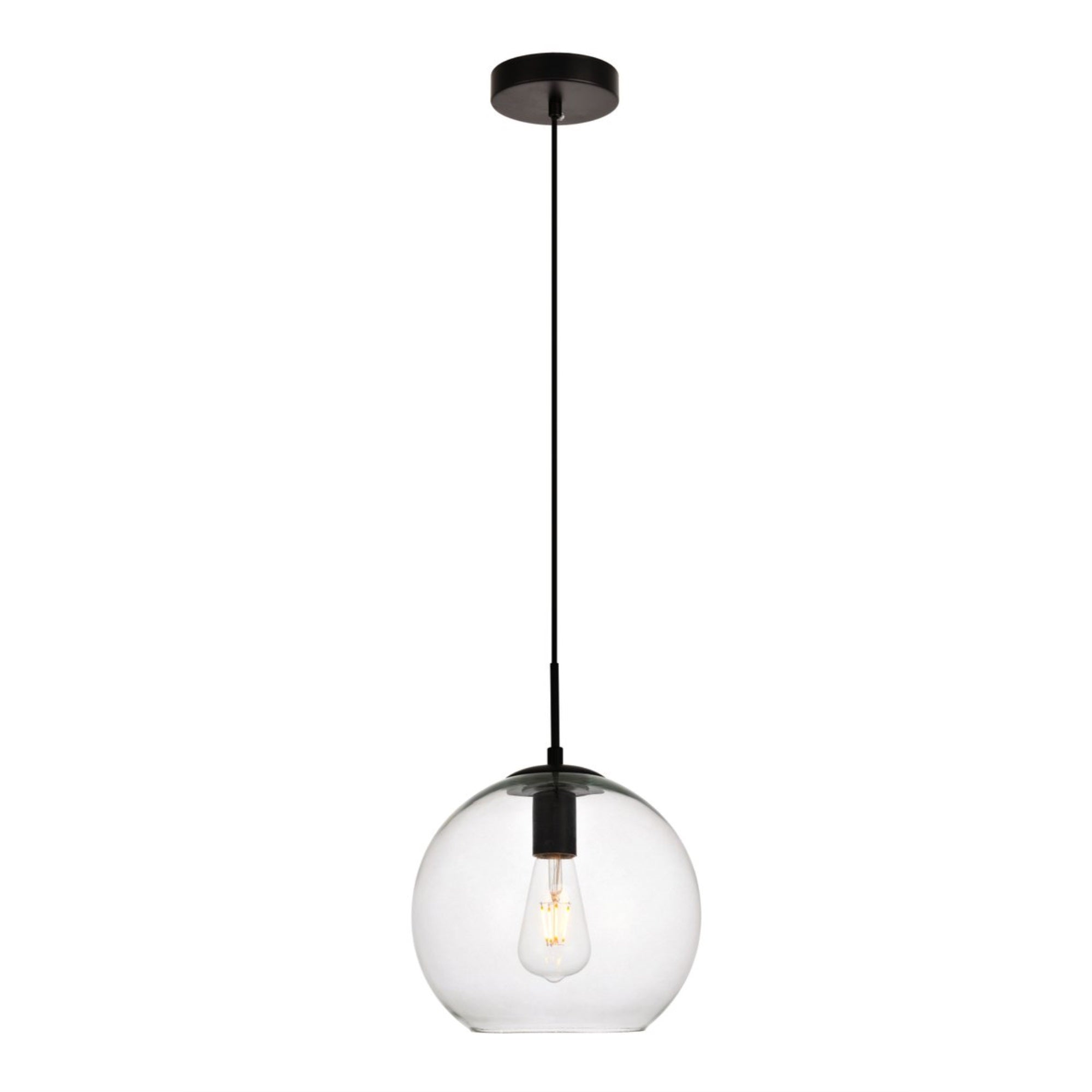 Elegant Lighting Placido Pendant Light, Iron, Black and Clear Finish, D9.8 H9.8, 1 Light