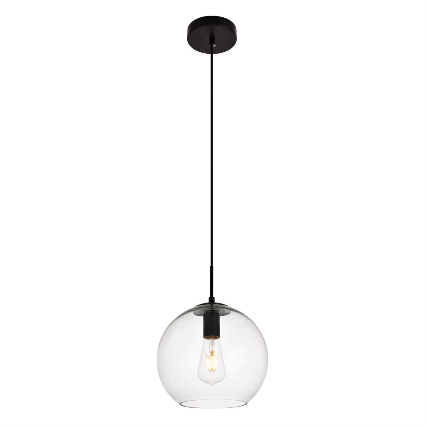 Elegant Lighting Placido Pendant Light, Iron, Black and Clear Finish, D9.8 H9.8, 1 Light