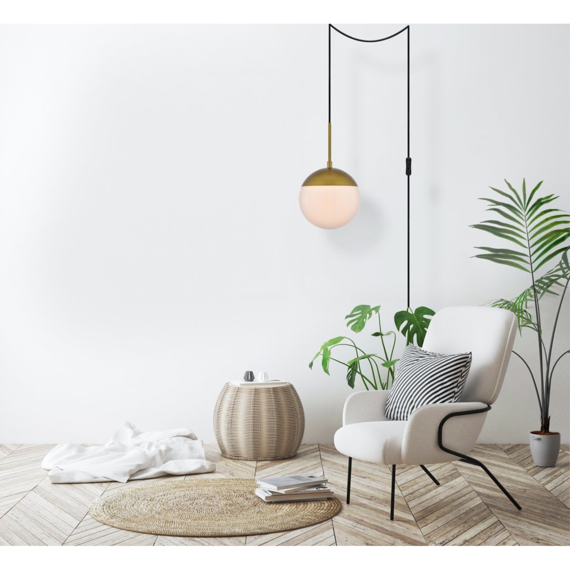 Eclipse 1 Light Brass Plug In Pendant With Frosted White Glass