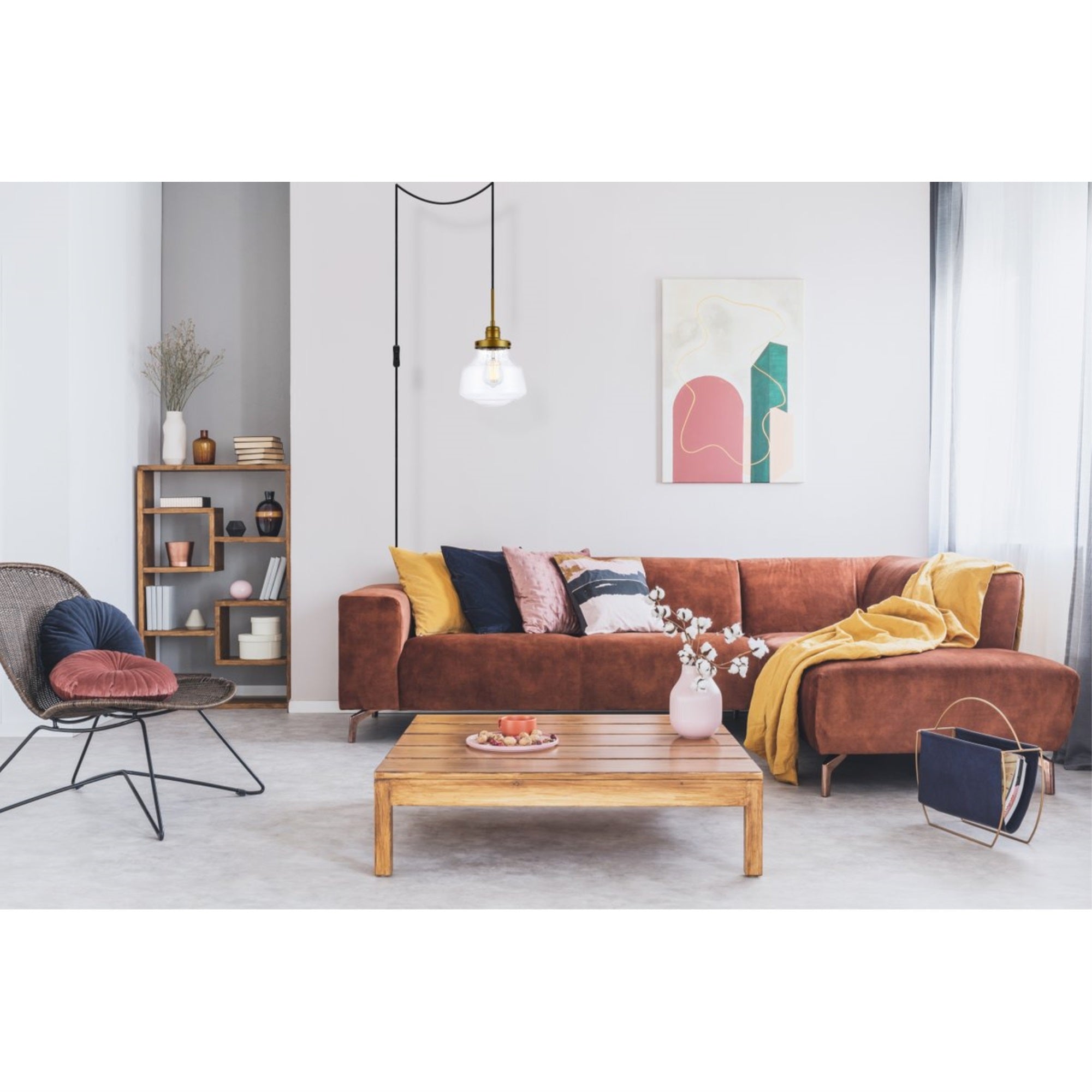 Living District 1-Light Pendant Light, Brass Metal, Mid-Century Style, Model 1717-LDPG6254BR