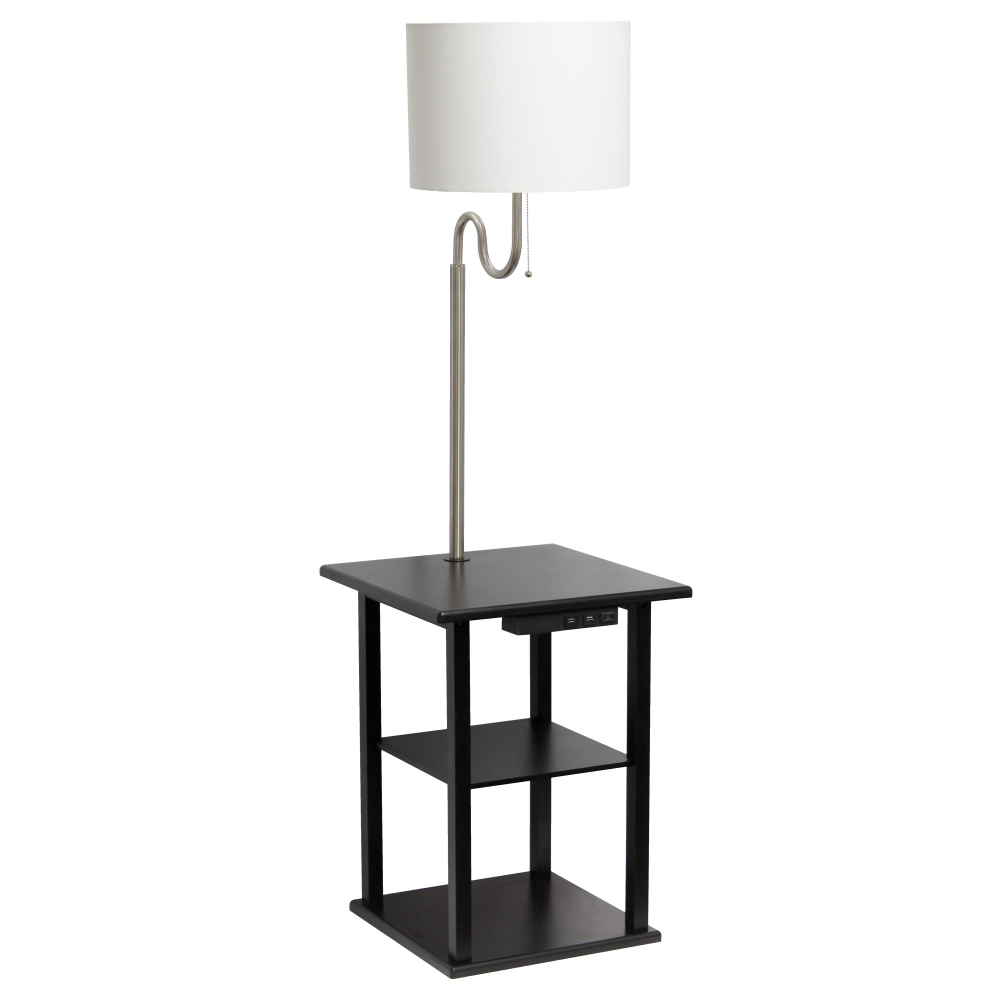 Simple Designs 57'' Modern 2 Tier End Table Floor Lamp Combination with 2 x USB Charging Ports & Power Outlet with White Drum Fabric Shade for Bedroom  Living Room  Office  Dorm  Dining Room  Black
