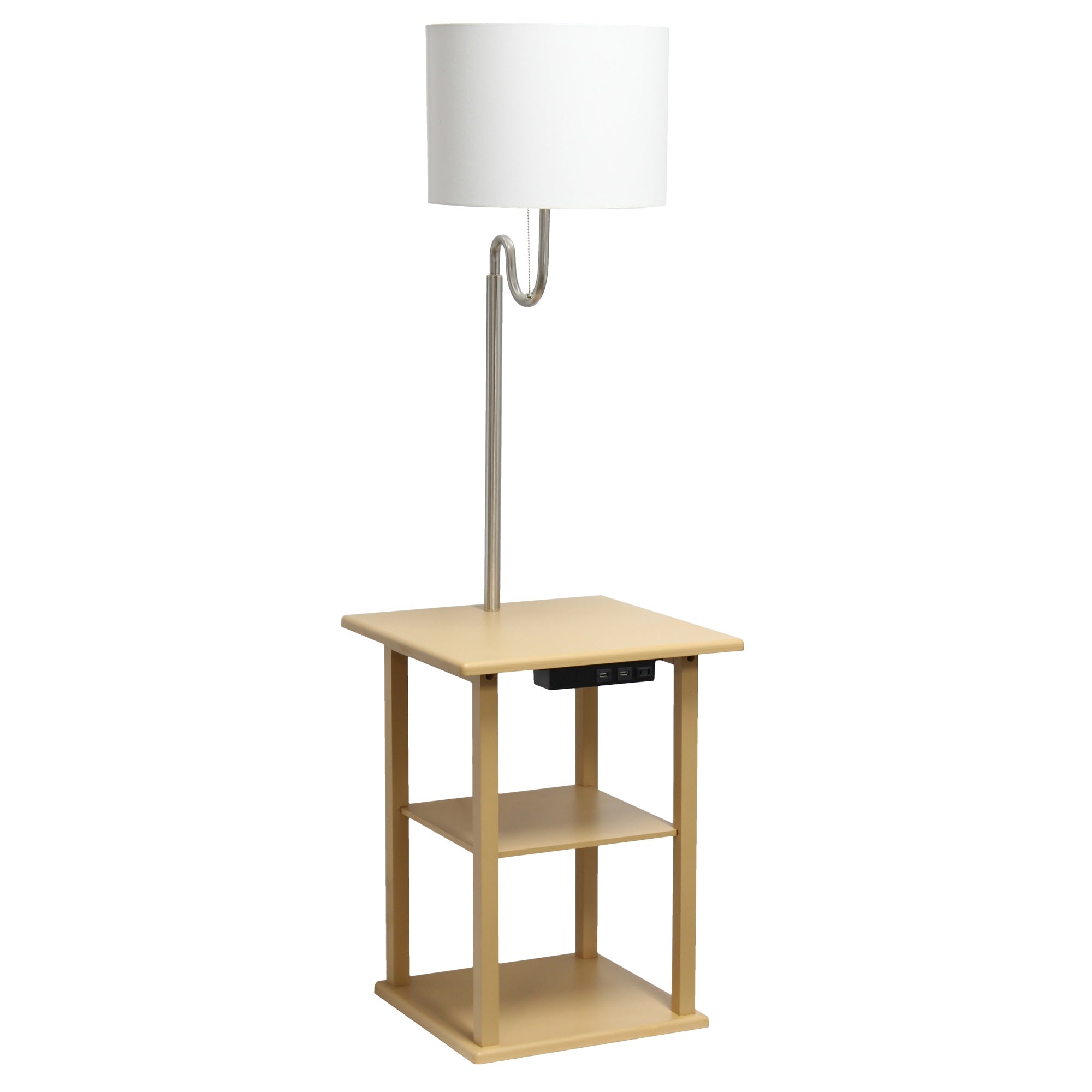 Simple Designs 57'' Modern 2 Tier End Table Floor Lamp Combination with 2 x USB Charging Ports & Power Outlet with White Drum Fabric Shade for Bedroom  Living Room  Office  Dorm  Dining Room  Tan