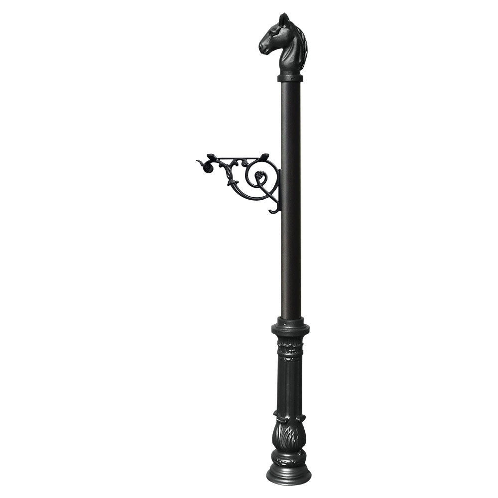 Lewiston Equine Post only, with support bracket, decorative ornate base and horsehead finial , Black