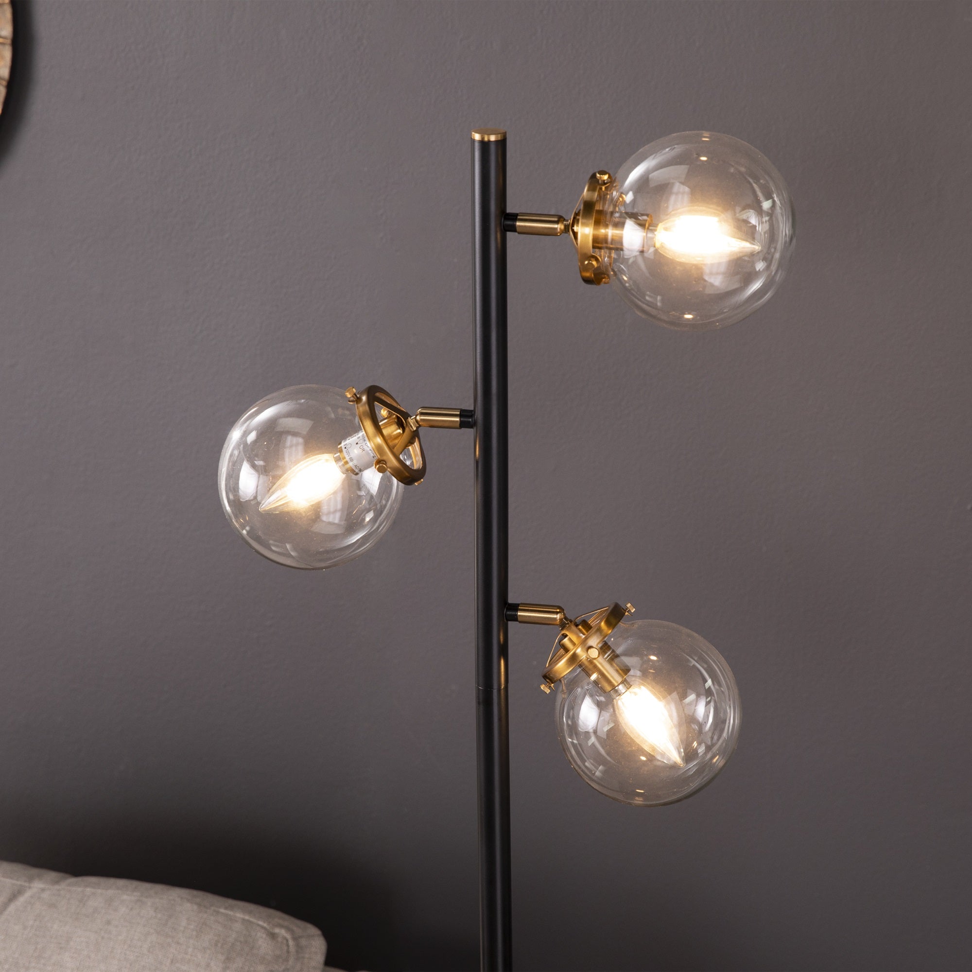 Sei Furniture Contemporary 3-Globe Floor Lamp In Black, Gold & Clear Glass