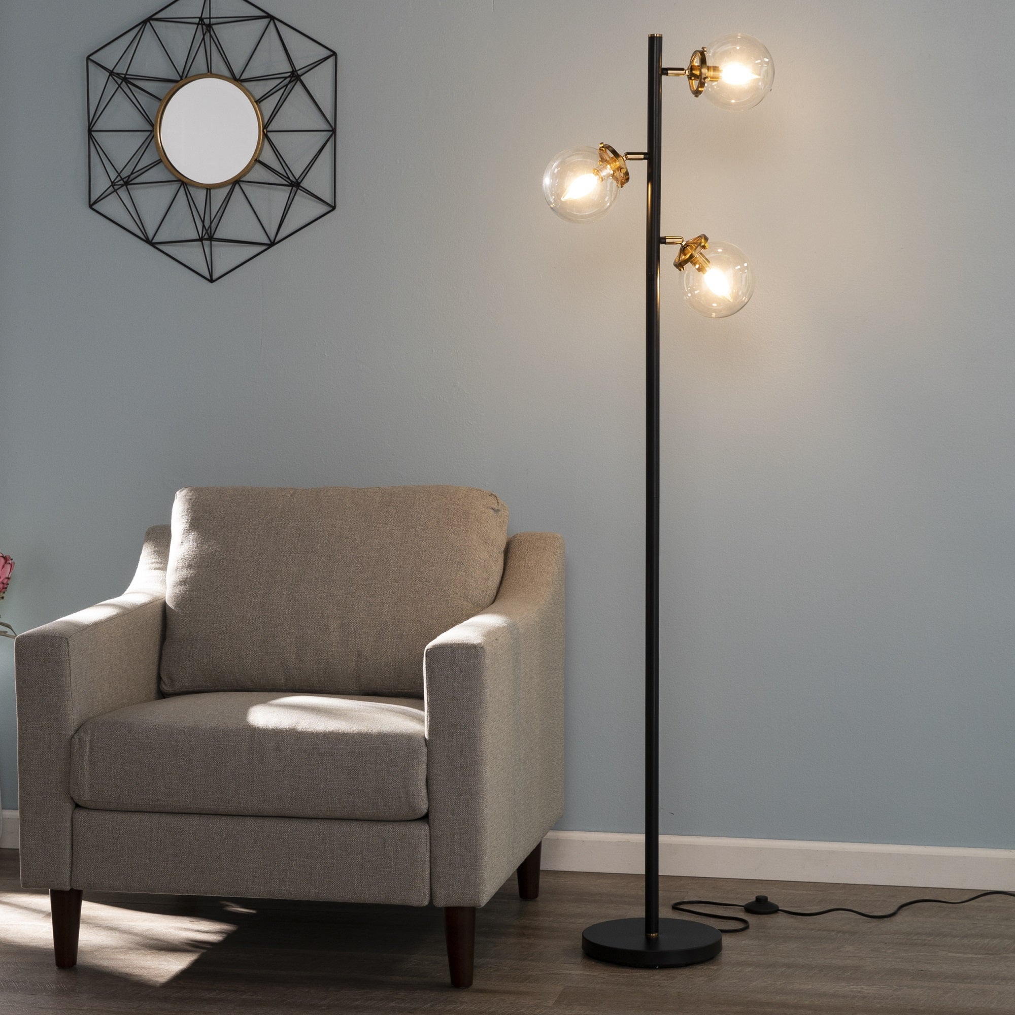 Sei Furniture Contemporary 3-Globe Floor Lamp In Black, Gold & Clear Glass