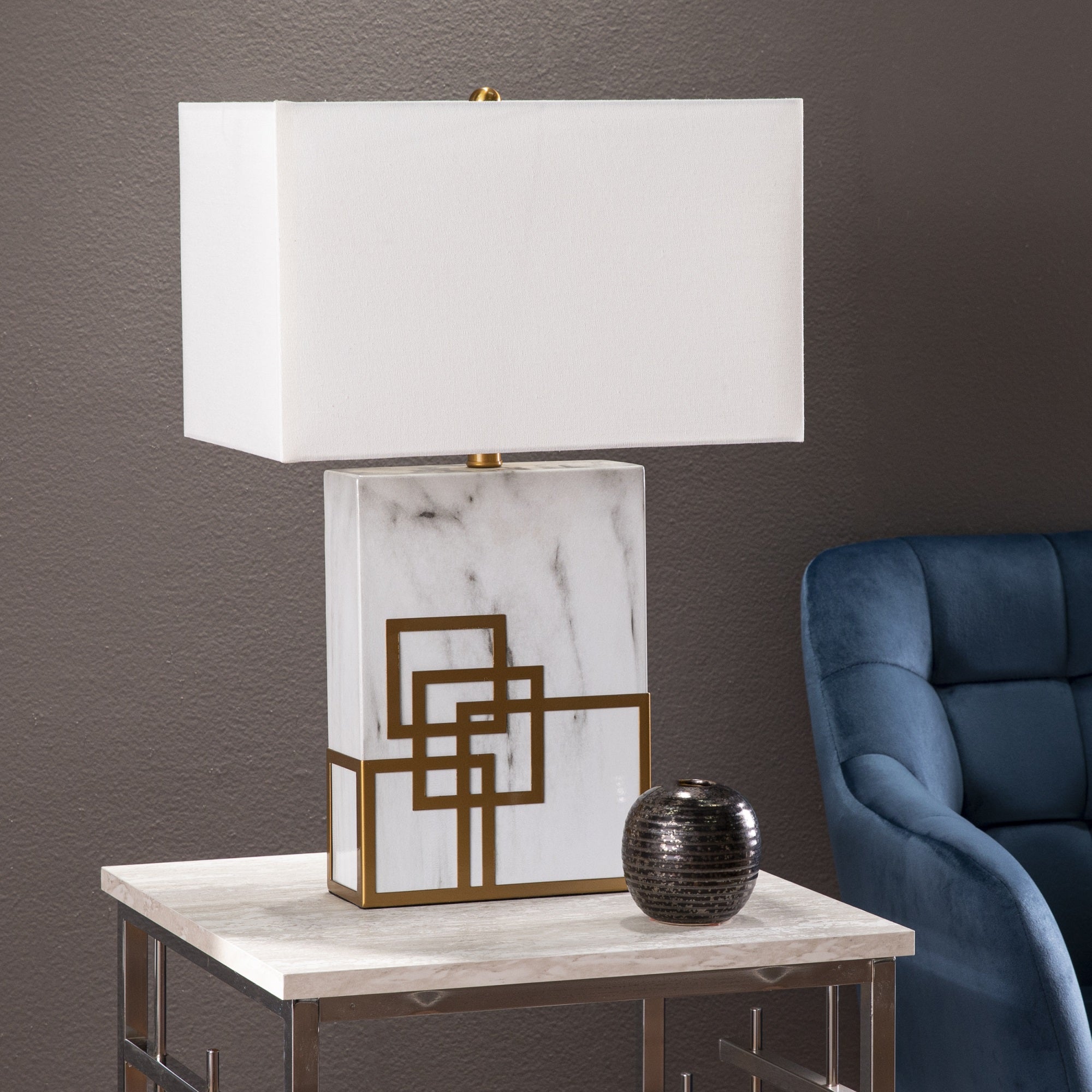 Sei Furniture White Faux Marble Rectangular Table Lamp With Foam Board Shade, Contemporary Design