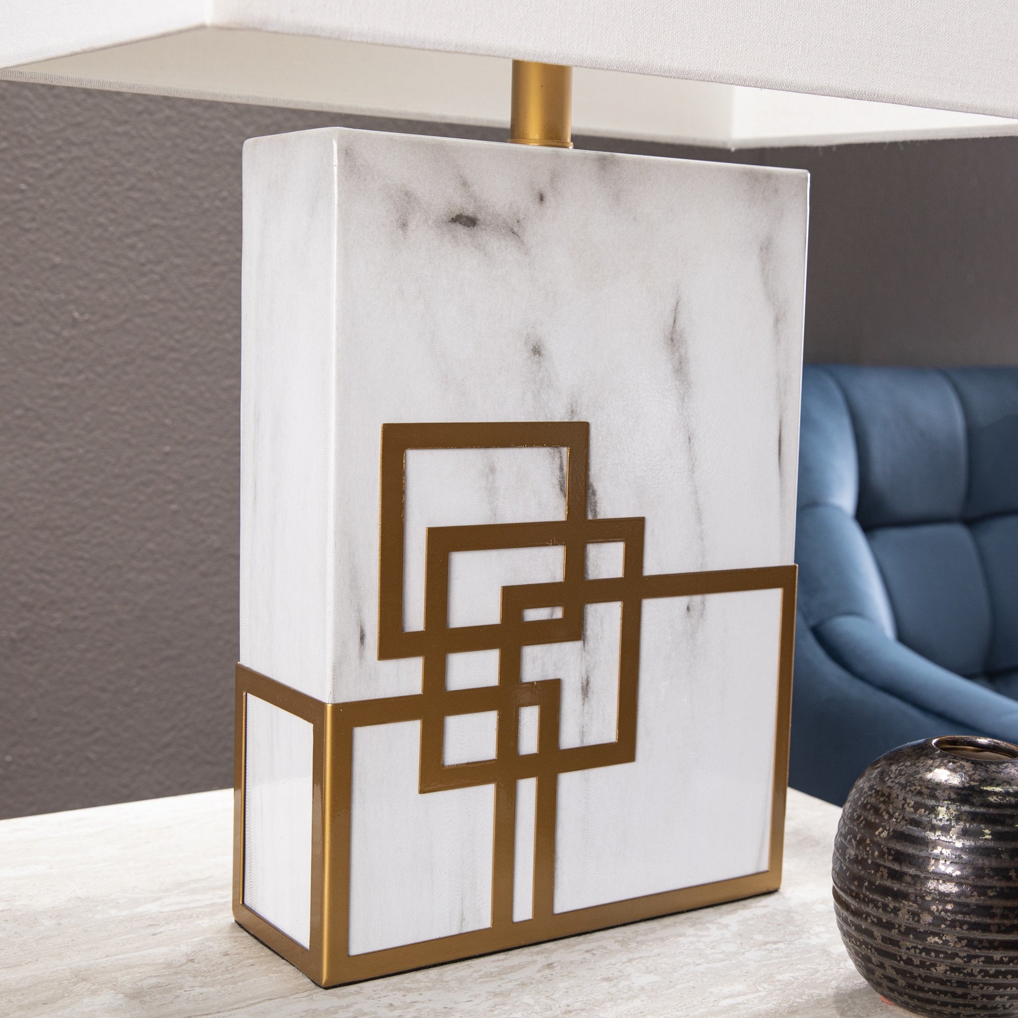 Sei Furniture White Faux Marble Rectangular Table Lamp With Foam Board Shade, Contemporary Design