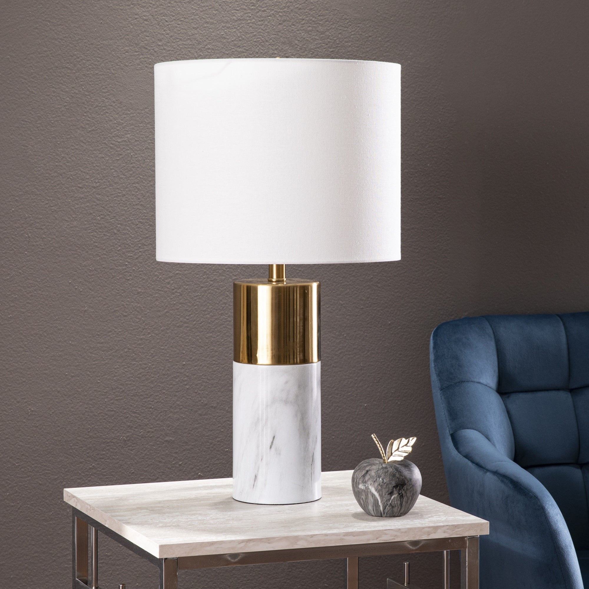 Sei Furniture Milvy White Faux Marble Table Lamp With Fabric Shade, Gold Finish, Transitional Design