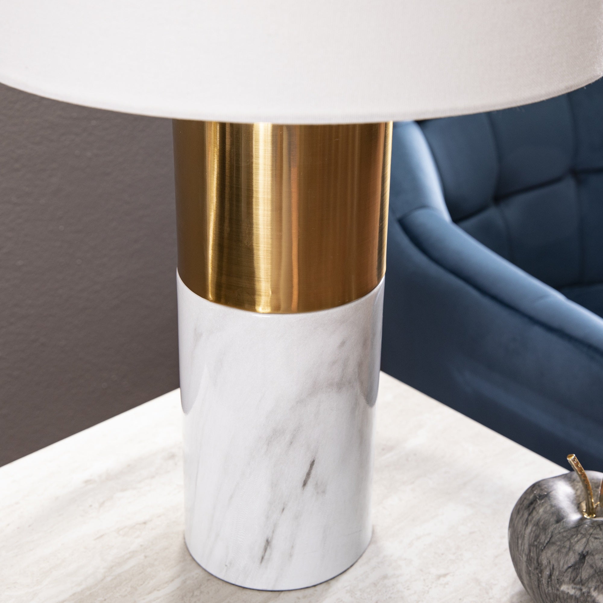 Sei Furniture Milvy White Faux Marble Table Lamp With Fabric Shade, Gold Finish, Transitional Design