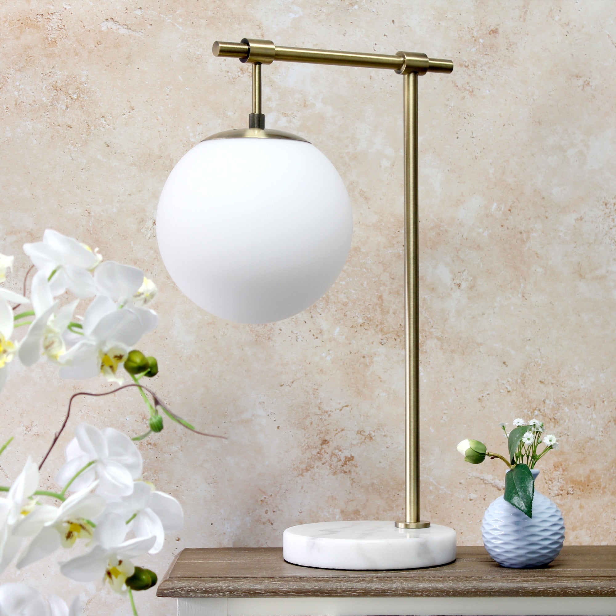 Elegant Designs Table Desk Lamp, 21in Mid Century Modern, Antique Brass/Marble, Glass Globe Shade, Model LT2115-ABS