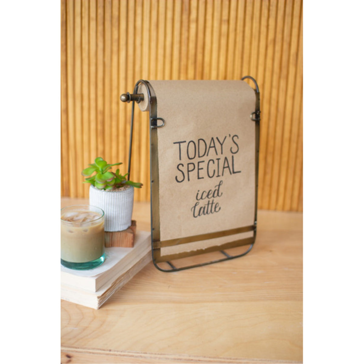 ANTIQUE BRASS TABLETOP NOTE ROLL WITH EASEL