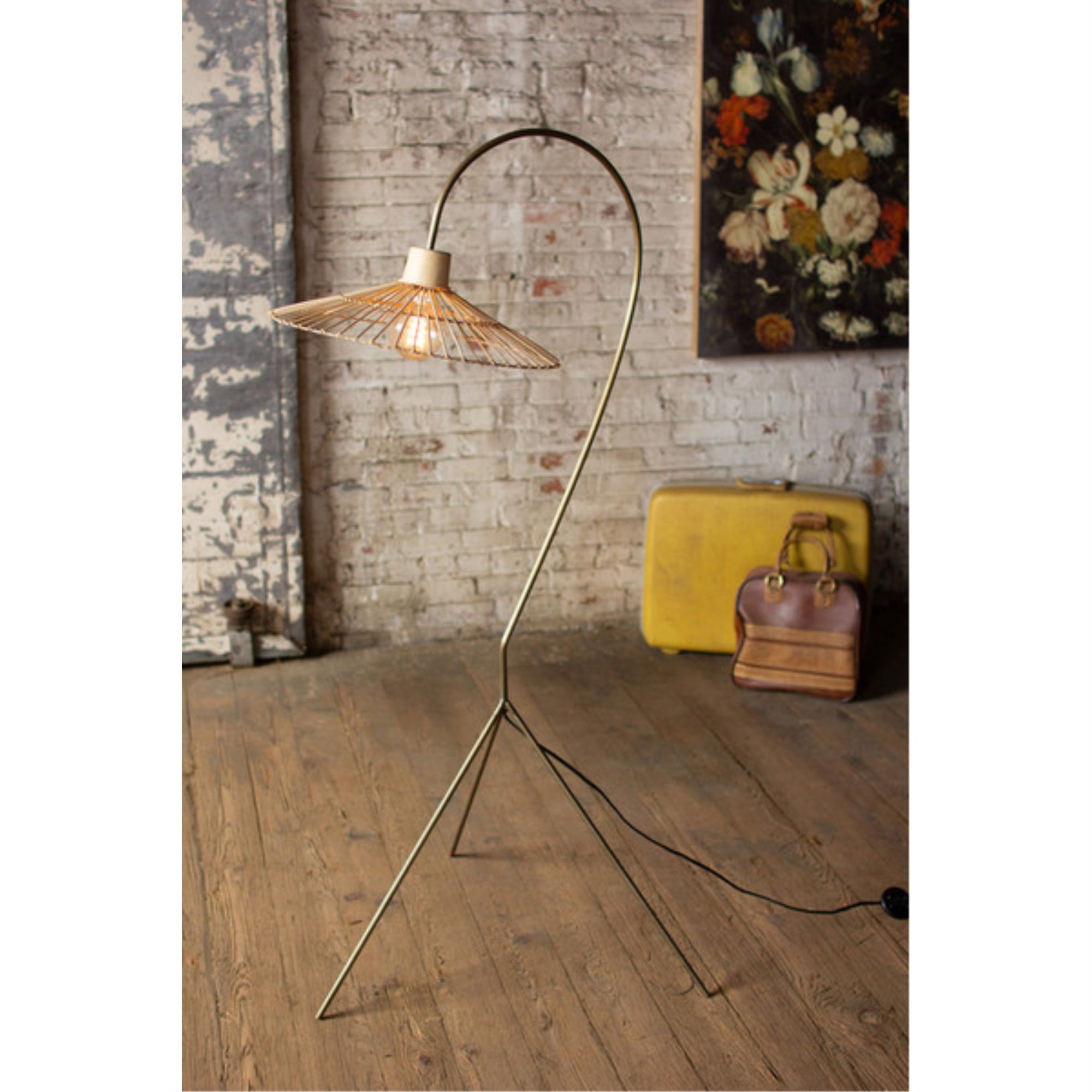 ANTIQUE BRASS FINISH FLOOR LAMP WITH RATTAN UMBRELLA SHADE