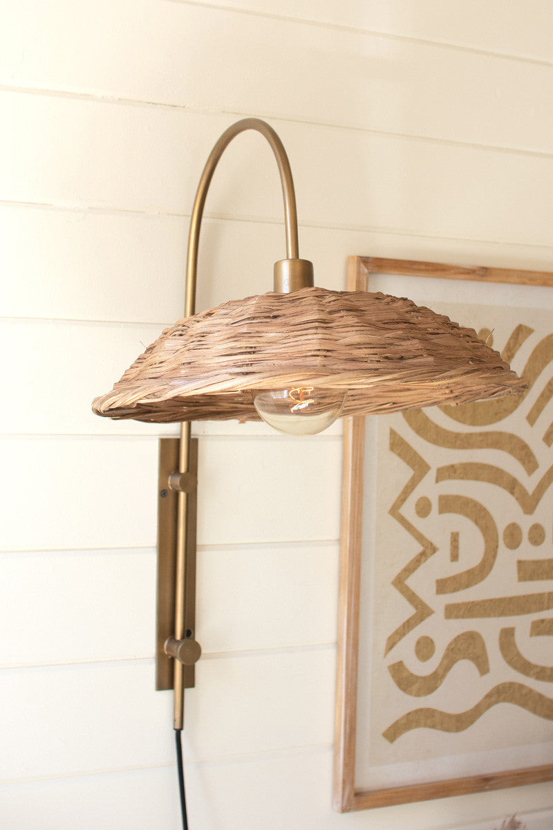 ANTIQUE BRASS  WALL LIGHT WITH RATTAN SHADE