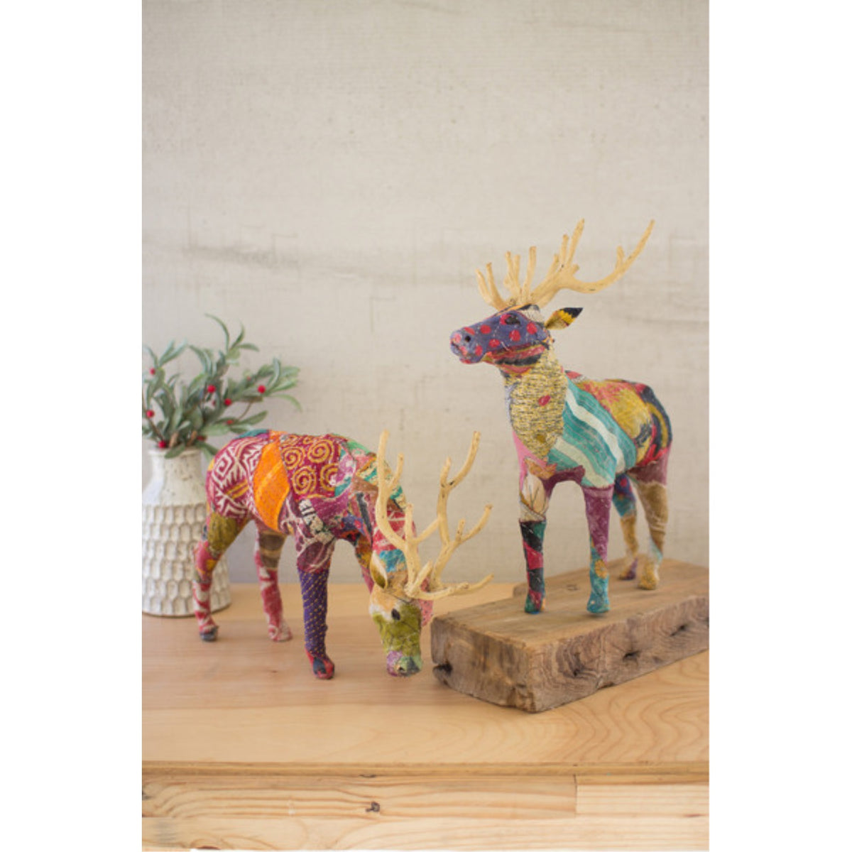 SET OF TWO KANTHA COVERED TABLE TOP REINDEER