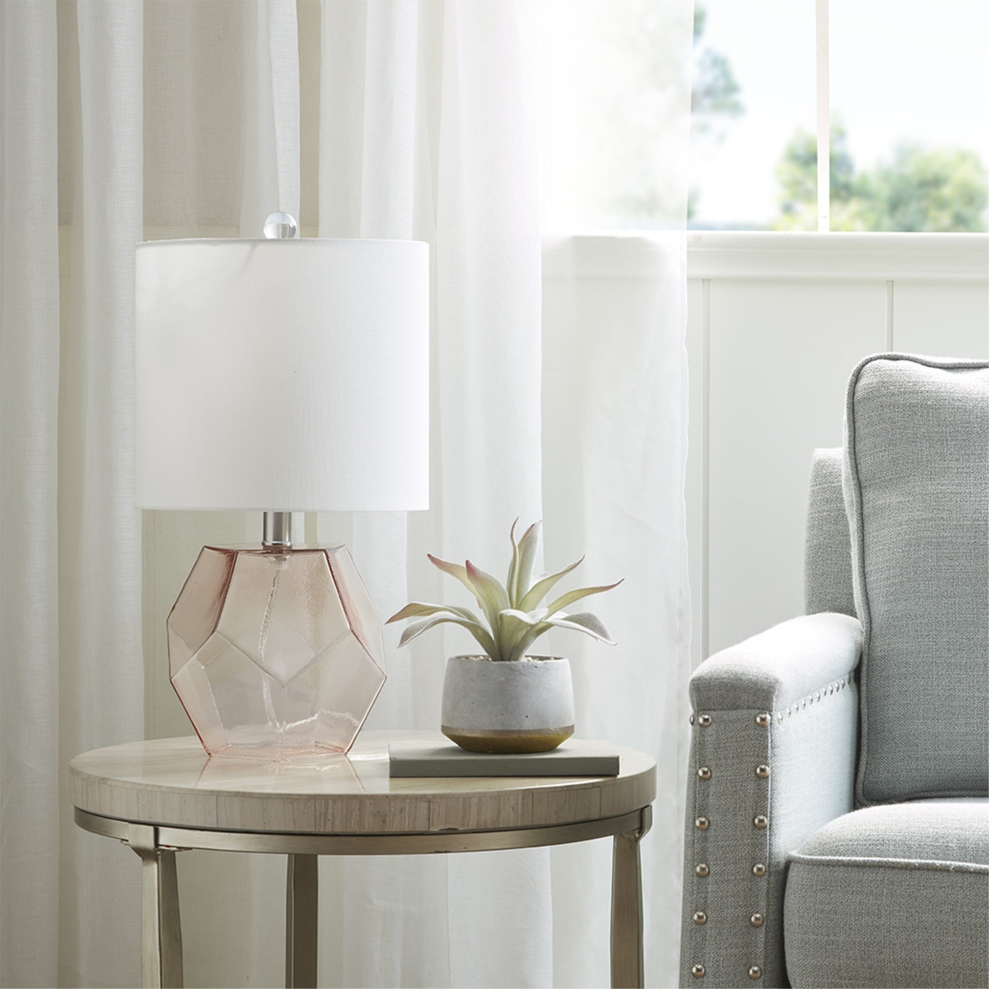 Ergode Geometric Glass Table Lamp - Pink Base, White Drum Shade - Sleek And Minimalist Design - 60-Inch Clear Cord - Type-A Light Bulb Required (Not Included)
