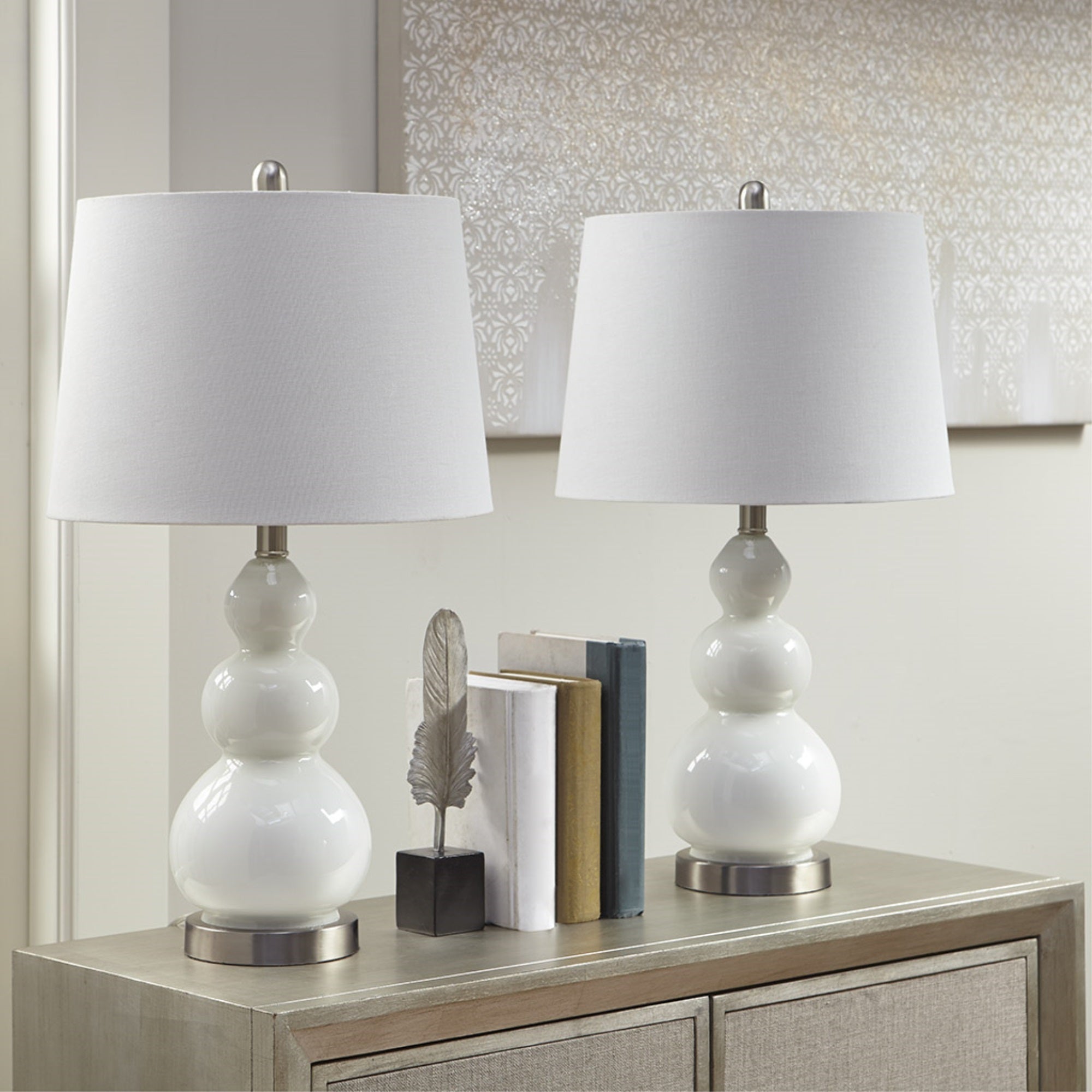 Ergode Curved Glass Table Lamp Set Of 2 - Elegant White Glass And Silver Metal Base - Tapered Drum Shade - Perfect For Living Room Or Bedroom - Creates Cozy Atmosphere - Requires Type A Bulb