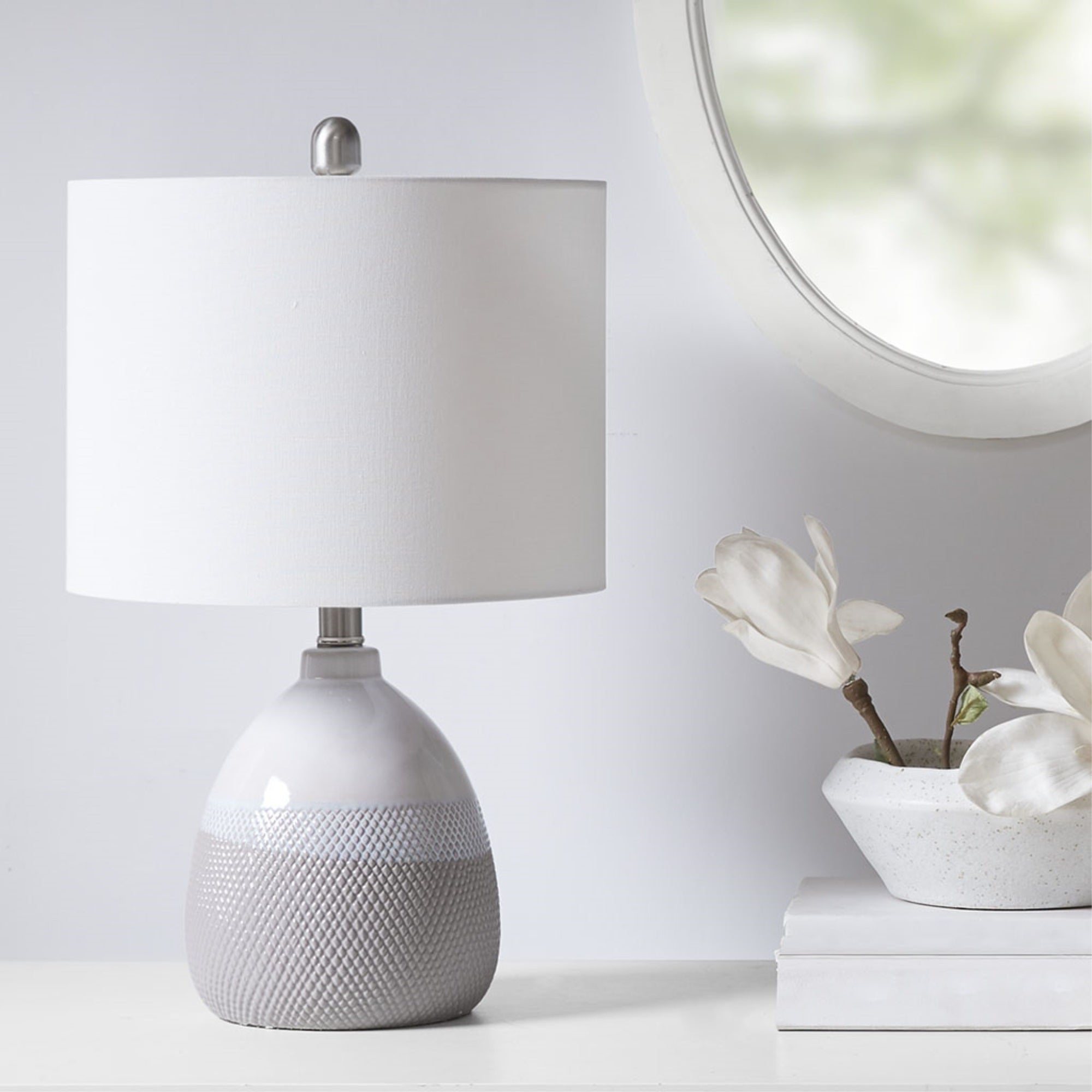 Ergode Ceramic Textured Table Lamp - Ivory/Grey Gradient Finish, Elegant Drum-Shaped White Shade, Versatile And Adaptable, Type A Light Bulb Included