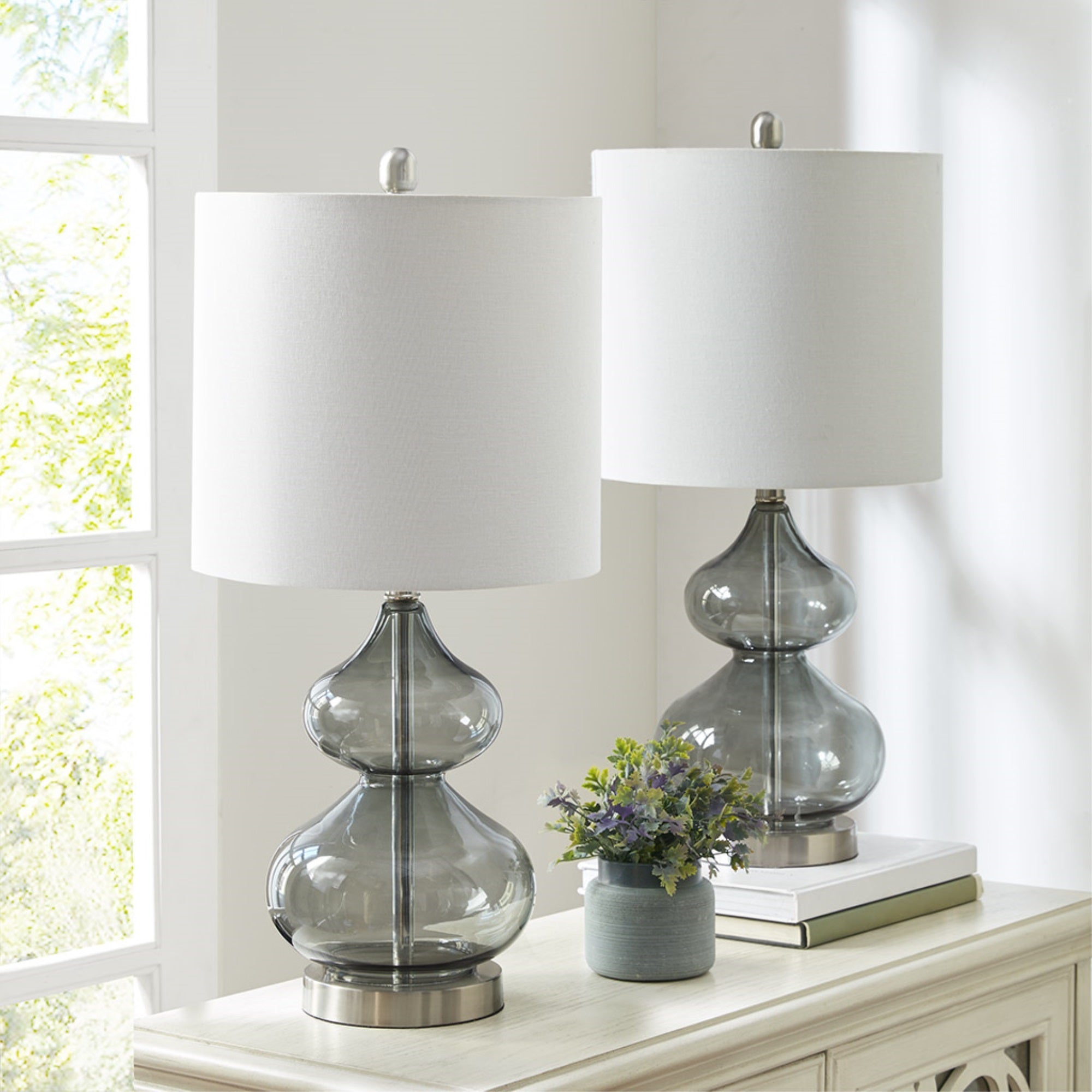 Ergode Curved Glass Table Lamp Set Of 2 - Elegant Gray Glass Base With White Drum Shade - Contemporary And Traditional Decor - Includes 2 Type A Light Bulbs