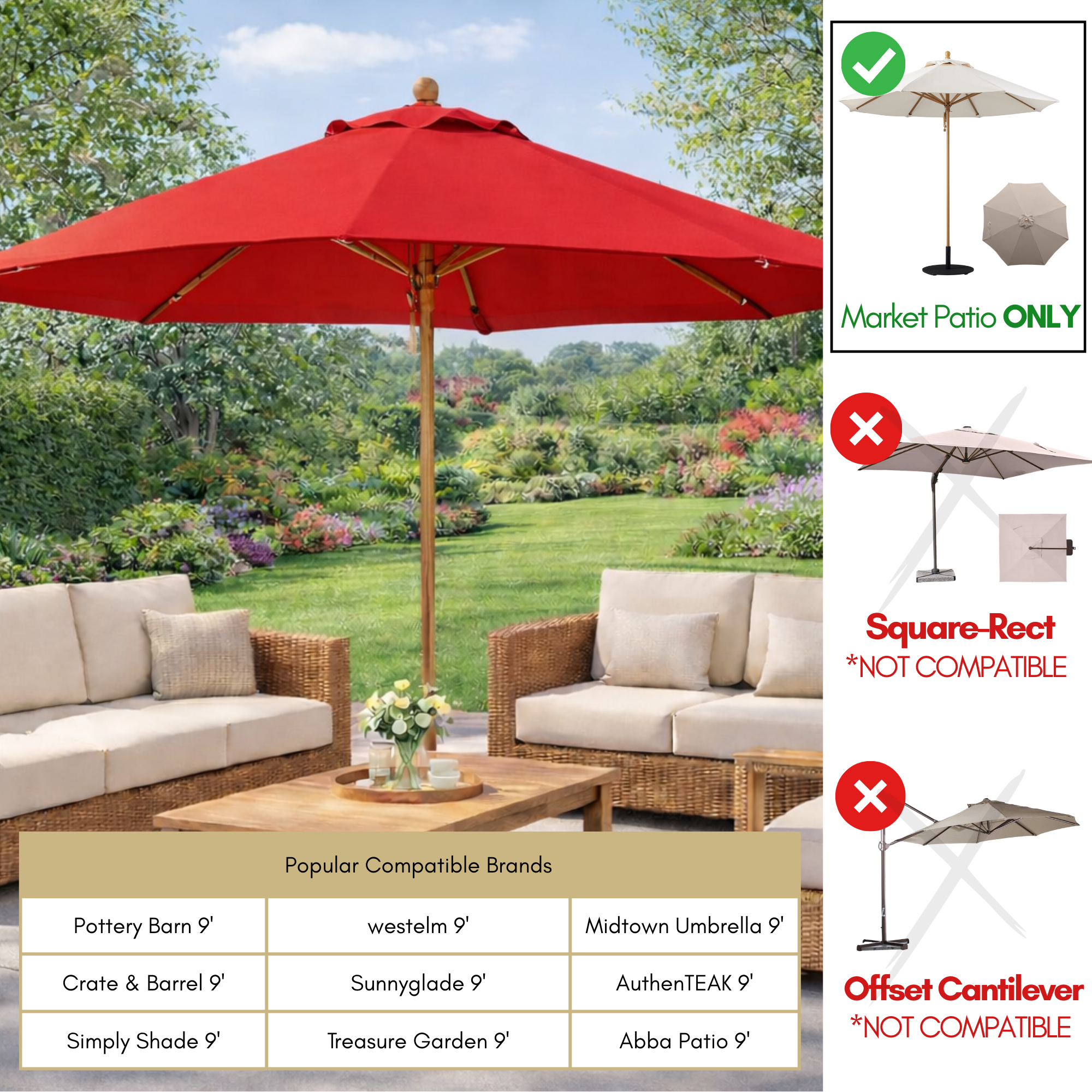 9ft Market Patio Umbrella 6 Rib Replacement Canopy Red
