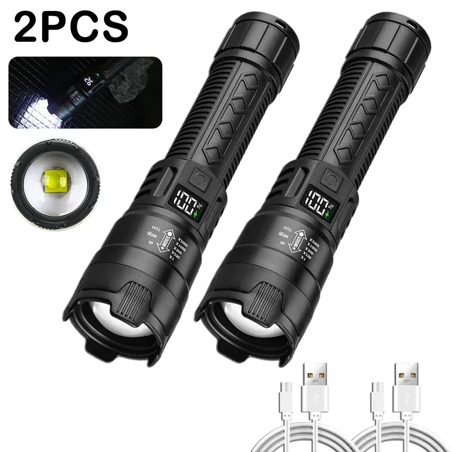Powerful LED Flashlight with Battery Display USB Rechargeable Light Telescopic Zoom Torch Lamp Outdoor Camping Fishing Lantern