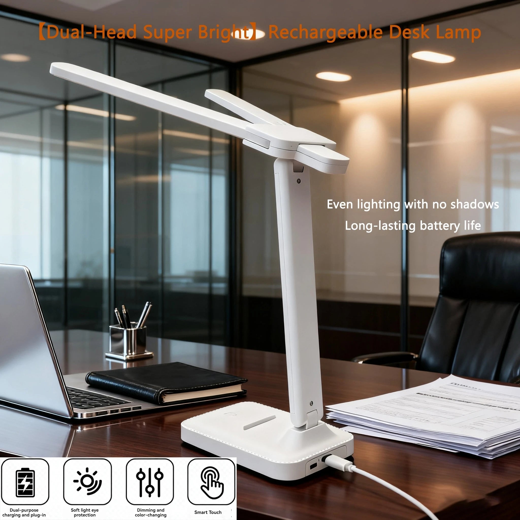 Double Head Foldable LED Desk Lamp, USB Rechargeable with 3 Colors & Dimmable Brightness for Reading, Study, Office