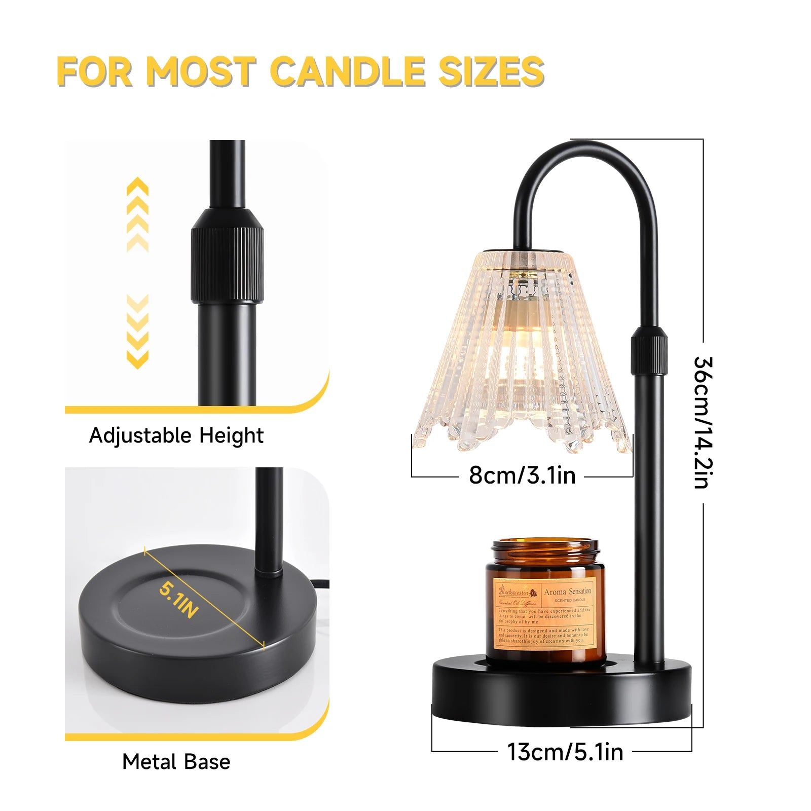 Adjustable Candle Warmer Lamp with Clear Glass Shade, Dimmable Electric Wax Melter Lamp, Curved Metal Frame Scented Candle Melting Lamp for Home Bedroom Decor Gift for Candle Lovers