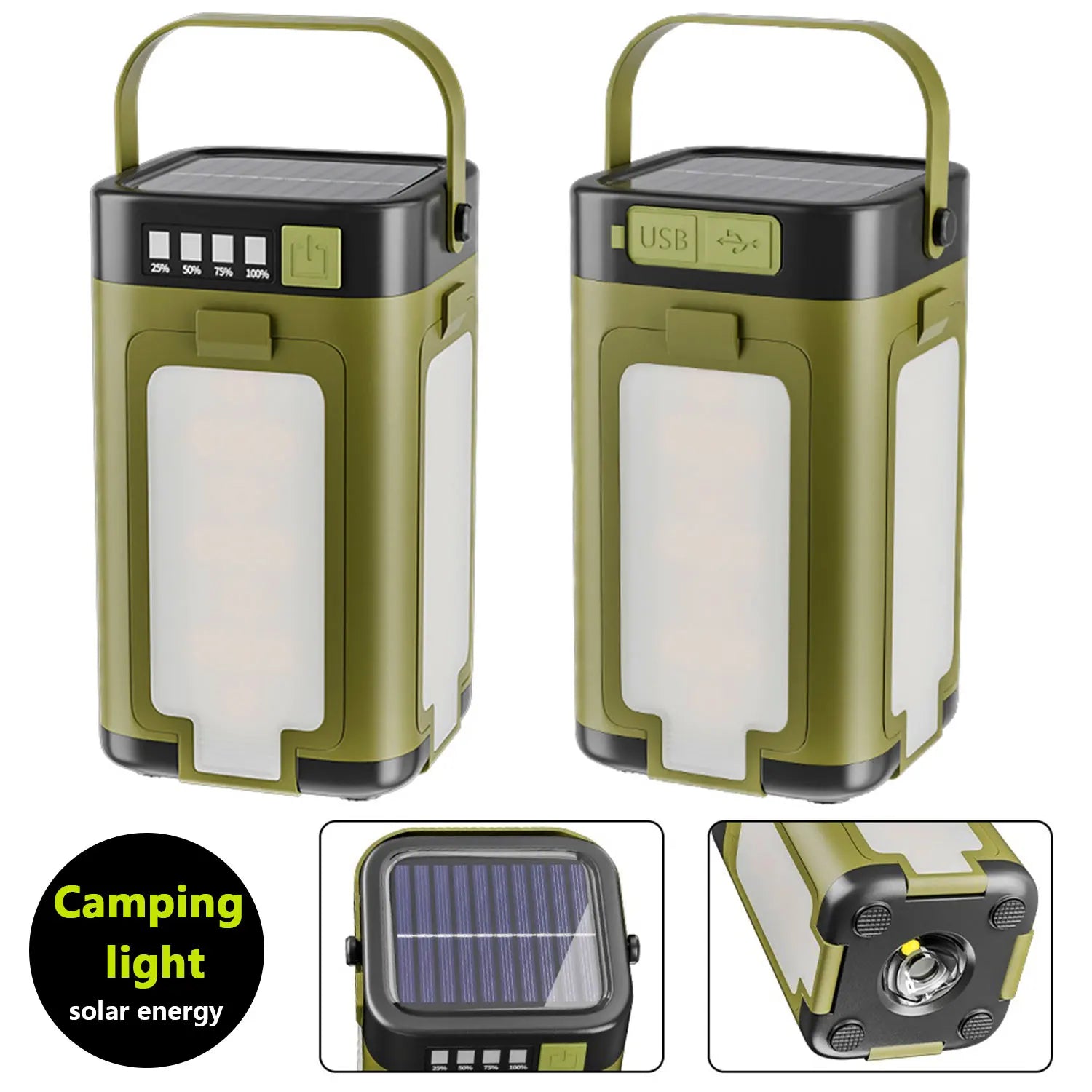 Solar Camping Light，USB/Solar Recharge Portable Lamp with 2000mAh Battery 6 Lighting Modes Outdoor Portable Hanging Tent Light